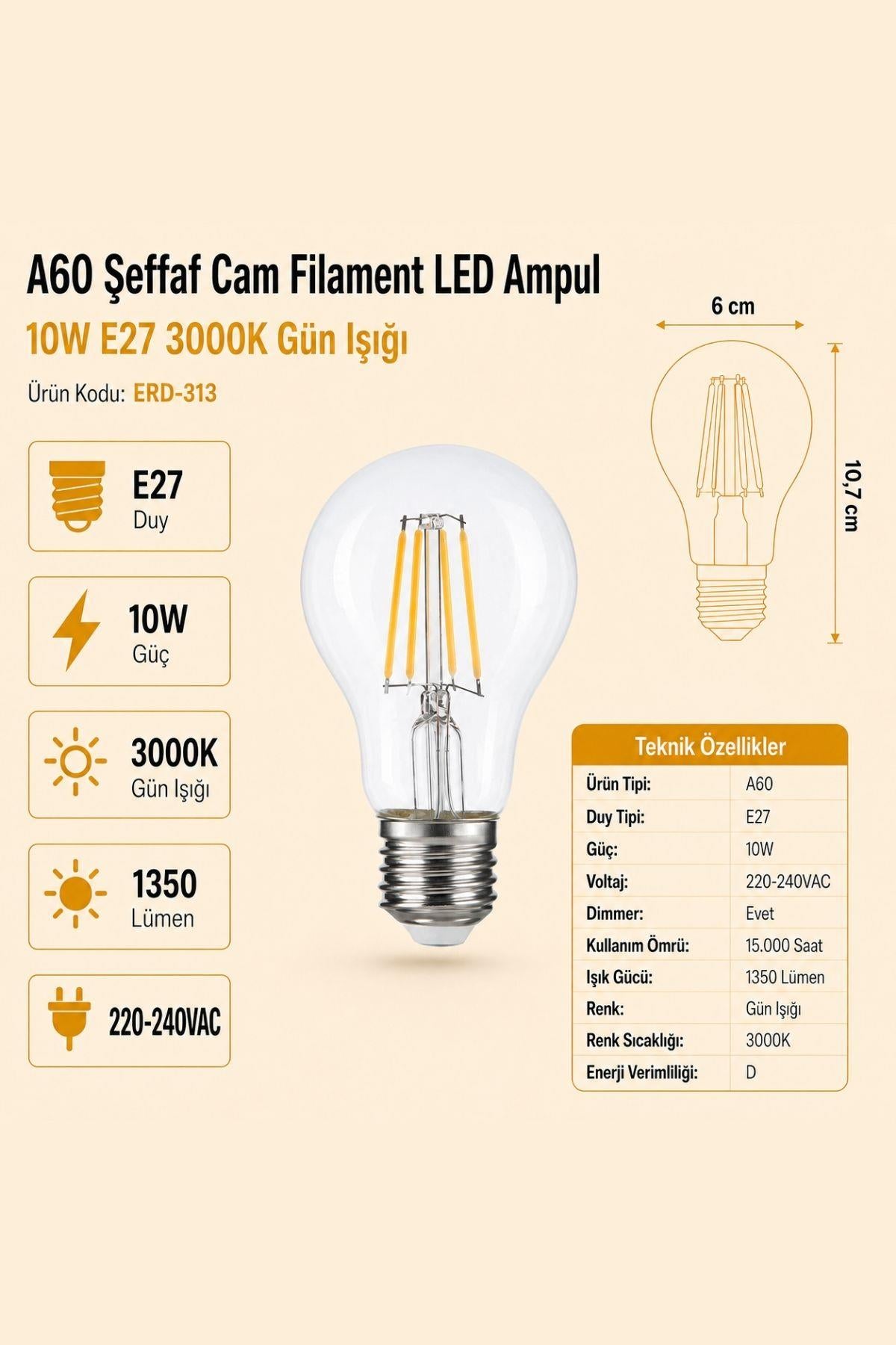 HEKA A60 Şeffaf Cam Filament LED Ampul 10W E27 3000K Gün Işığı ERD-313