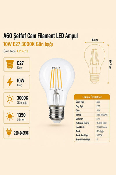 HEKA A60 Şeffaf Cam Filament LED Ampul 10W E27 3000K Gün Işığı ERD-313