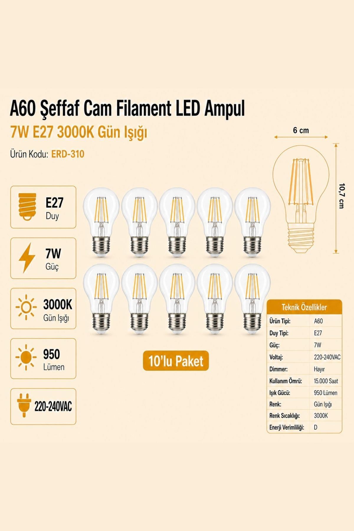 HEKA A60 Şeffaf Cam Filament LED Ampul 7W E27 3000K Gün Işığı ERD-310 10'lu