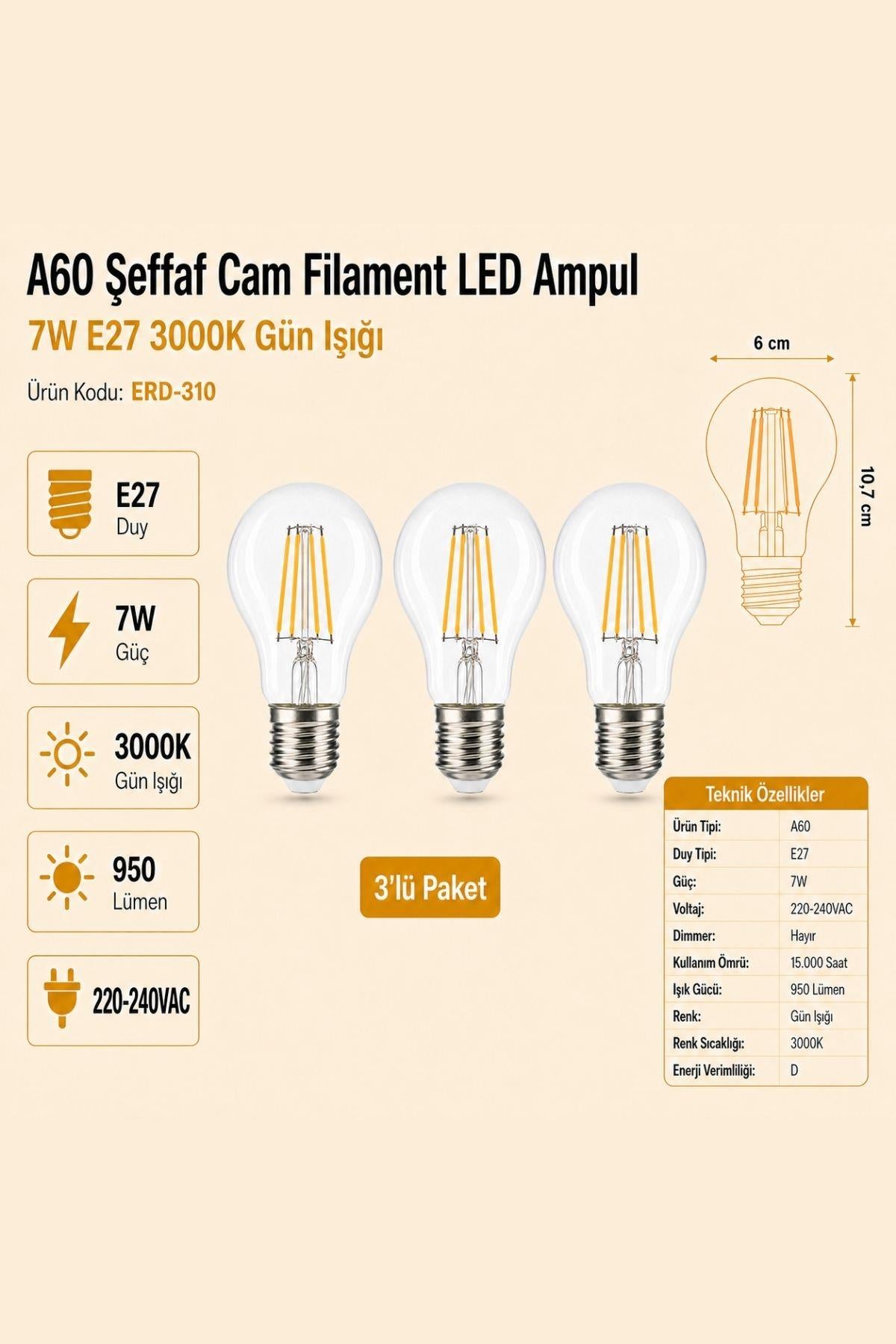HEKA A60 Şeffaf Cam Filament LED Ampul 7W E27 3000K Gün Işığı ERD-310 3'lü