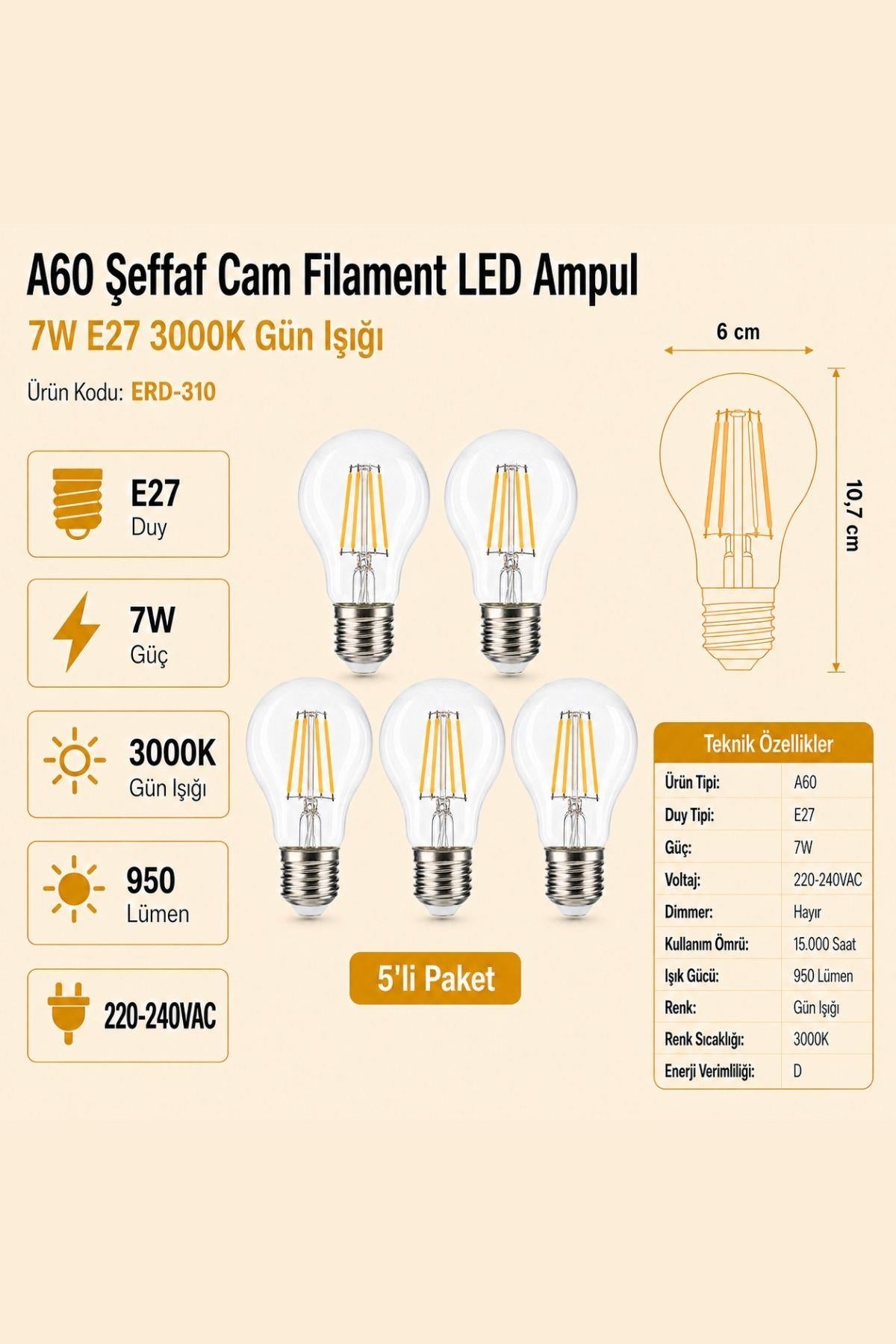 HEKA A60 Şeffaf Cam Filament LED Ampul 7W E27 3000K Gün Işığı ERD-310 5'li