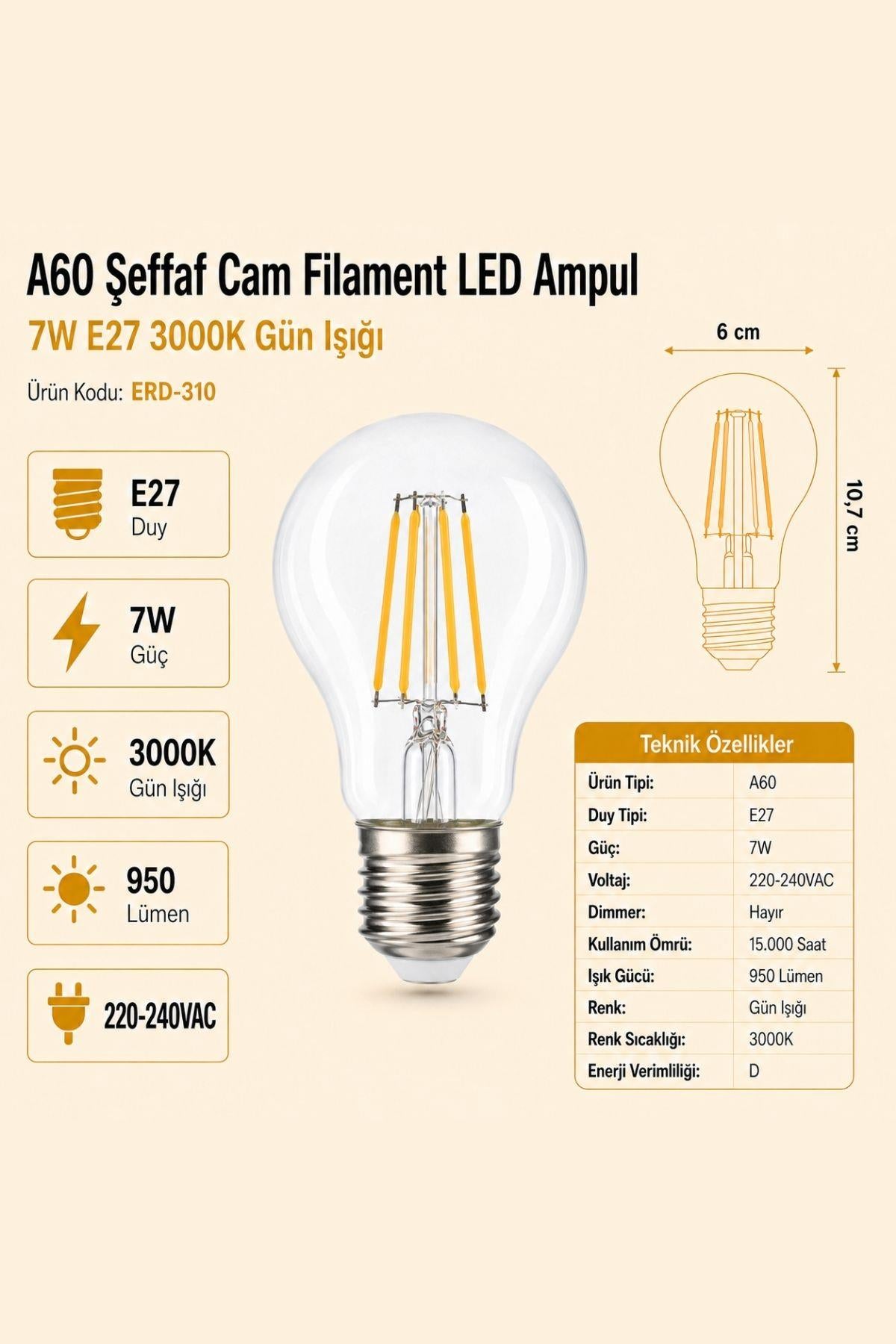 HEKA A60 Şeffaf Cam Filament LED Ampul 7W E27 3000K Gün Işığı ERD-310