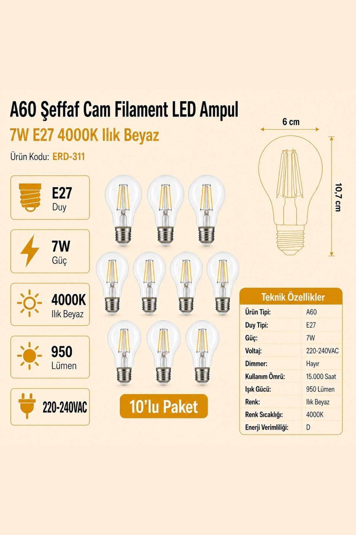 HEKA A60 Şeffaf Cam Filament LED Ampul 7W E27 4000K Ilık Beyaz ERD-311 10'lu