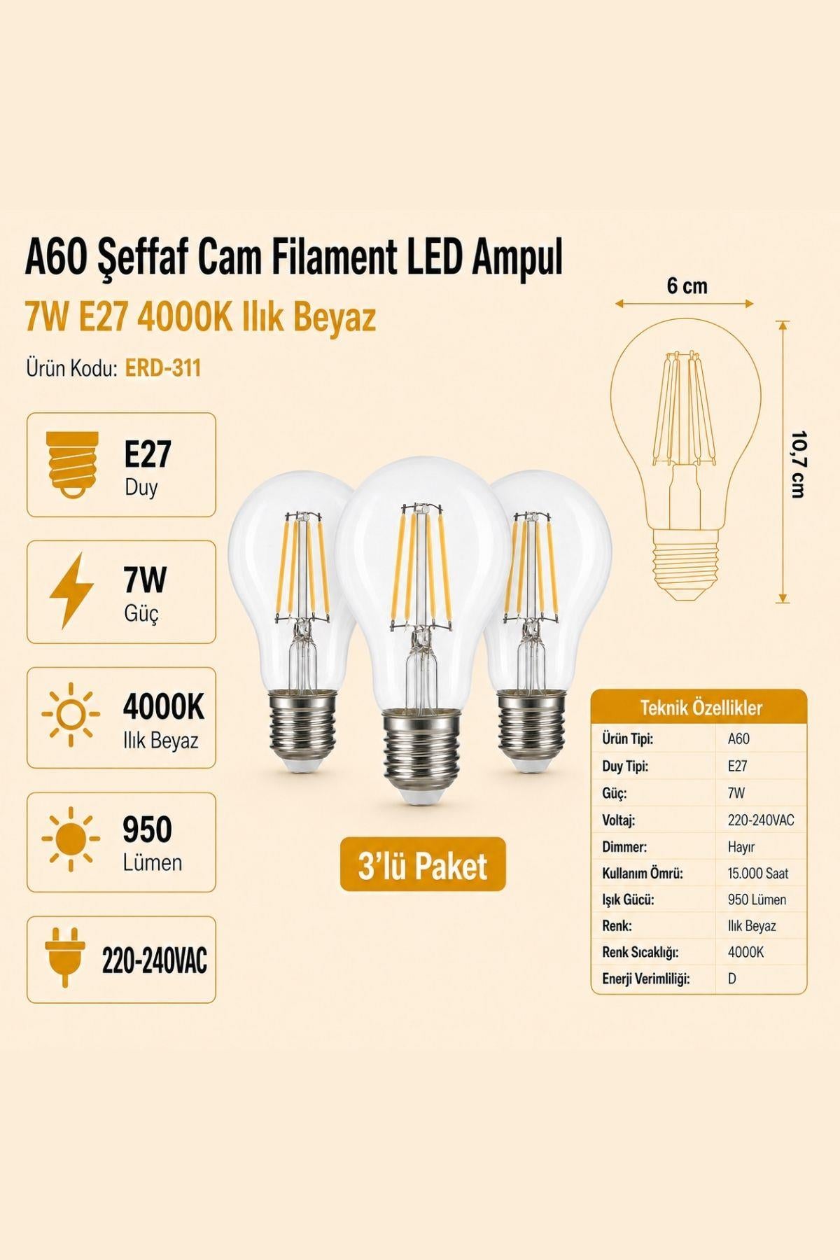 HEKA A60 Şeffaf Cam Filament LED Ampul 7W E27 4000K Ilık Beyaz ERD-311 3'lü