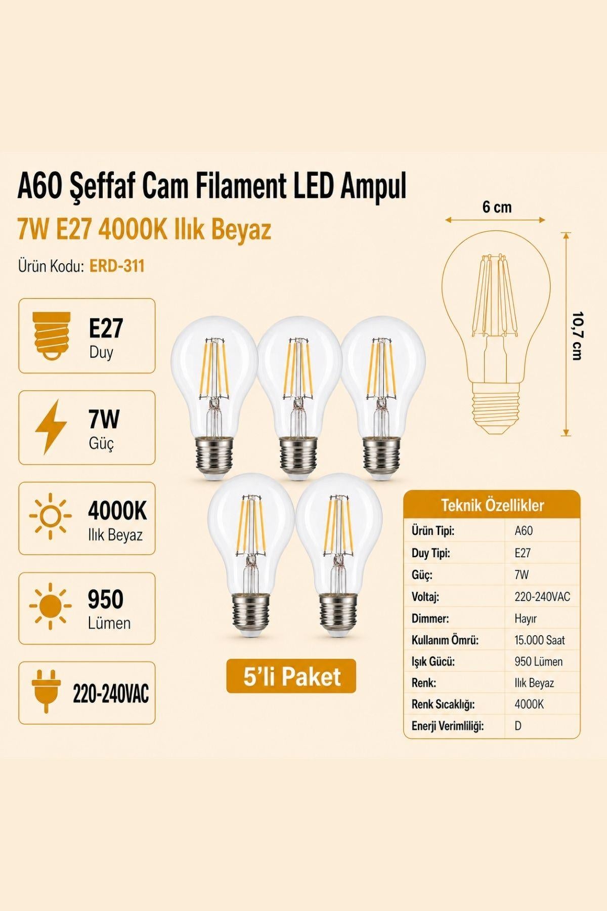 HEKA A60 Şeffaf Cam Filament LED Ampul 7W E27 4000K Ilık Beyaz ERD-311 5'li