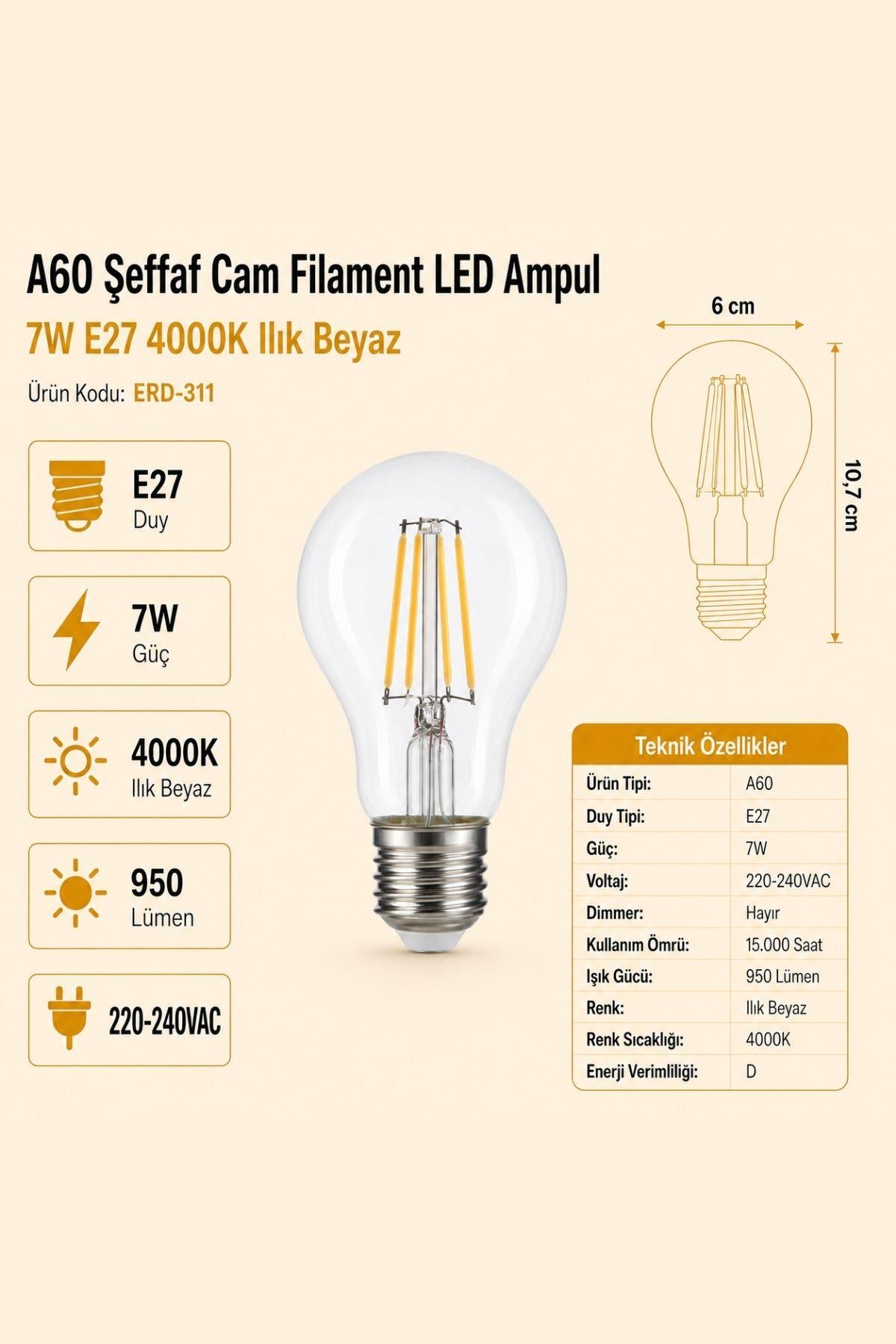 HEKA A60 Şeffaf Cam Filament LED Ampul 7W E27 4000K Ilık Beyaz ERD-311