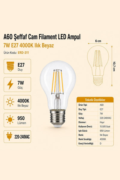 HEKA A60 Şeffaf Cam Filament LED Ampul 7W E27 4000K Ilık Beyaz ERD-311