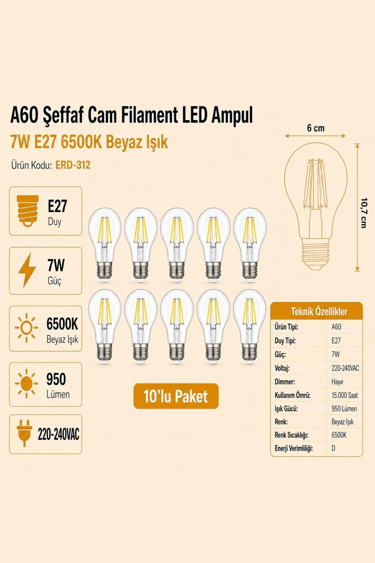 HEKA A60 Şeffaf Cam Filament LED Ampul 7W E27 6500K Beyaz Işık ERD-312 10'lu
