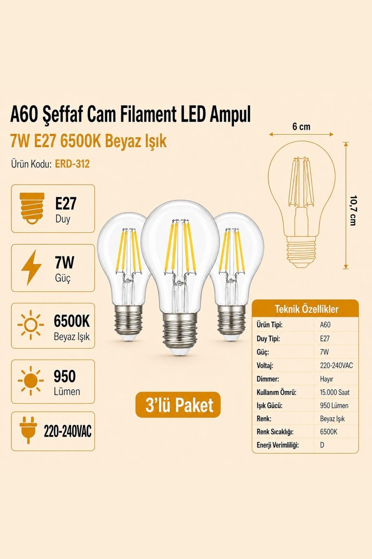 HEKA A60 Şeffaf Cam Filament LED Ampul 7W E27 6500K Beyaz Işık ERD-312 3'lü