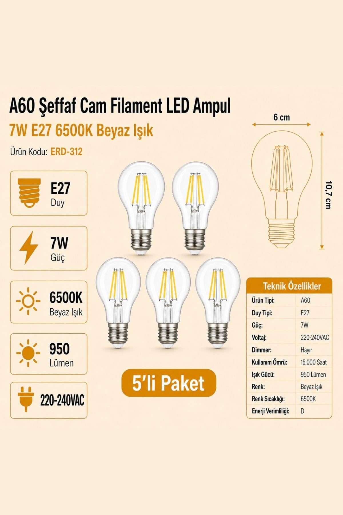 HEKA A60 Şeffaf Cam Filament LED Ampul 7W E27 6500K Beyaz Işık ERD-312 5'li