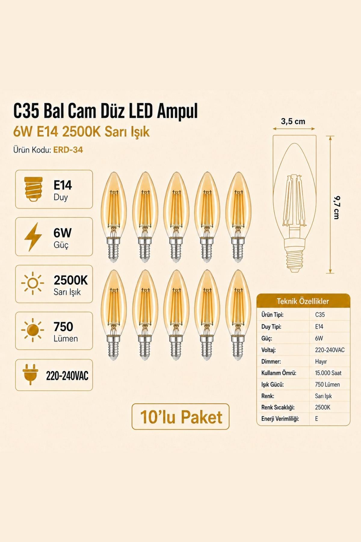 Heka C35 Bal Düz LED Ampul 6W E14 2500K Sarı Işık ERD-34 10'lu