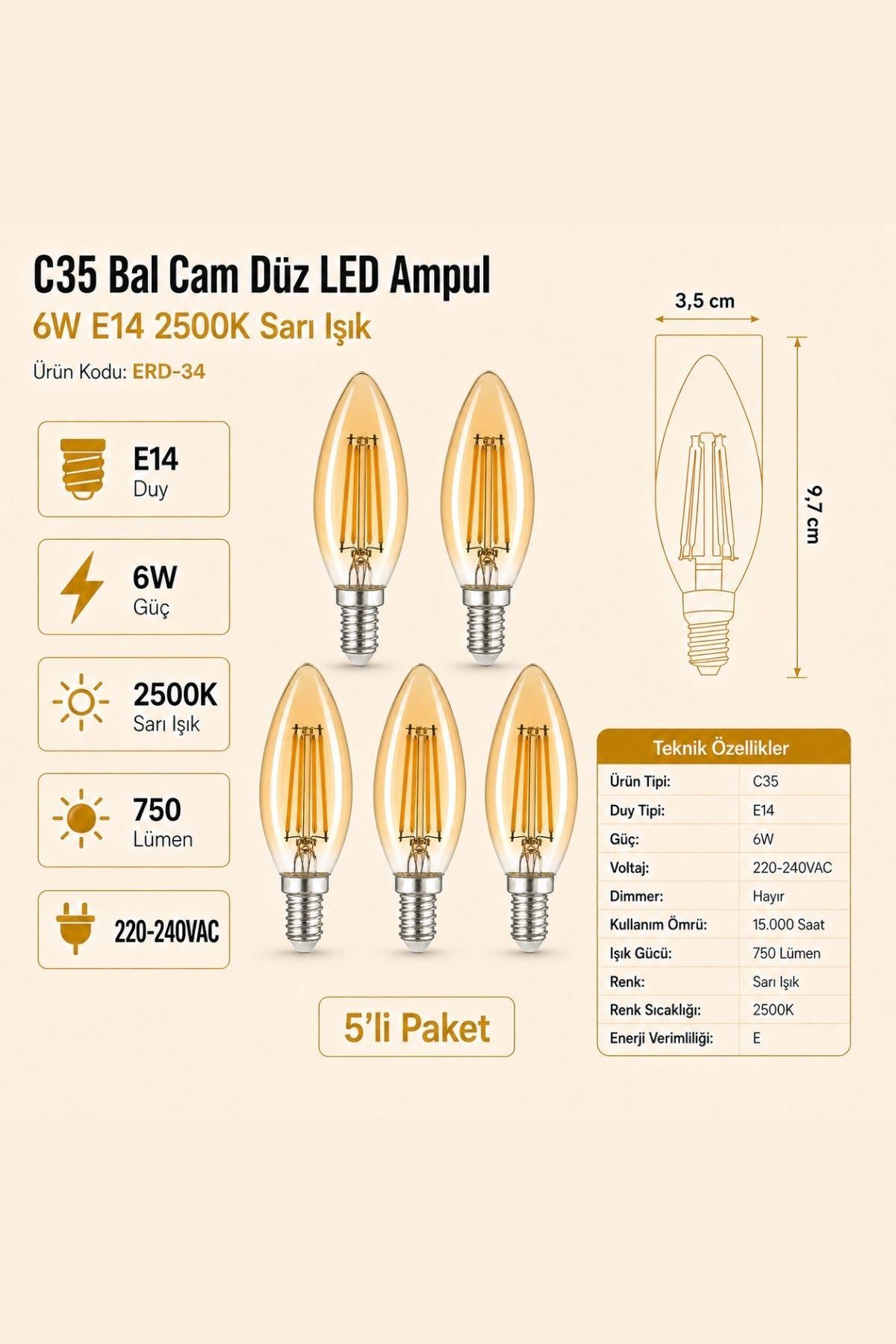 Heka C35 Bal Düz LED Ampul 6W E14 2500K Sarı Işık ERD-34 5'li
