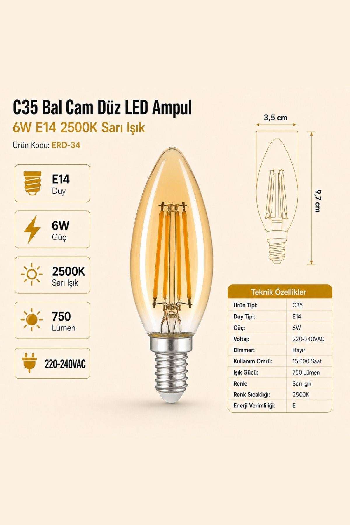Heka C35 Bal Düz LED Ampul 6W E14 2500K Sarı Işık ERD-34