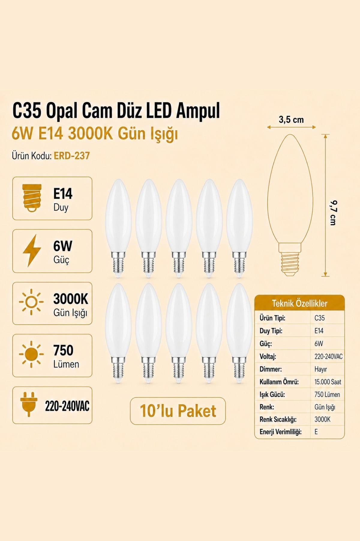 HEKA C35 Opal Cam Düz LED Ampul 6W E14 3000K Gün Işığı ERD-237 10'lu