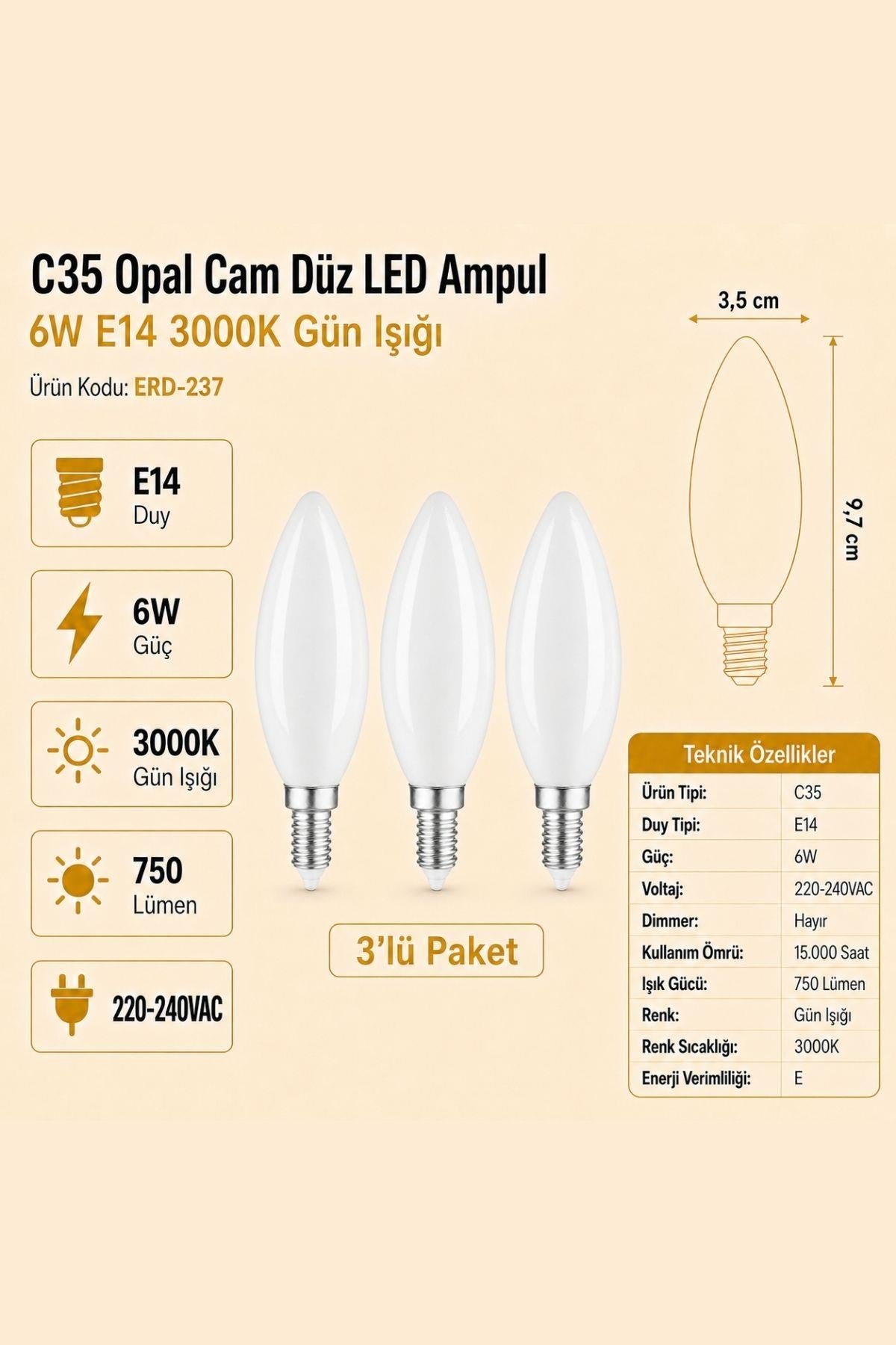 HEKA C35 Opal Cam Düz LED Ampul 6W E14 3000K Gün Işığı ERD-237 3'lü