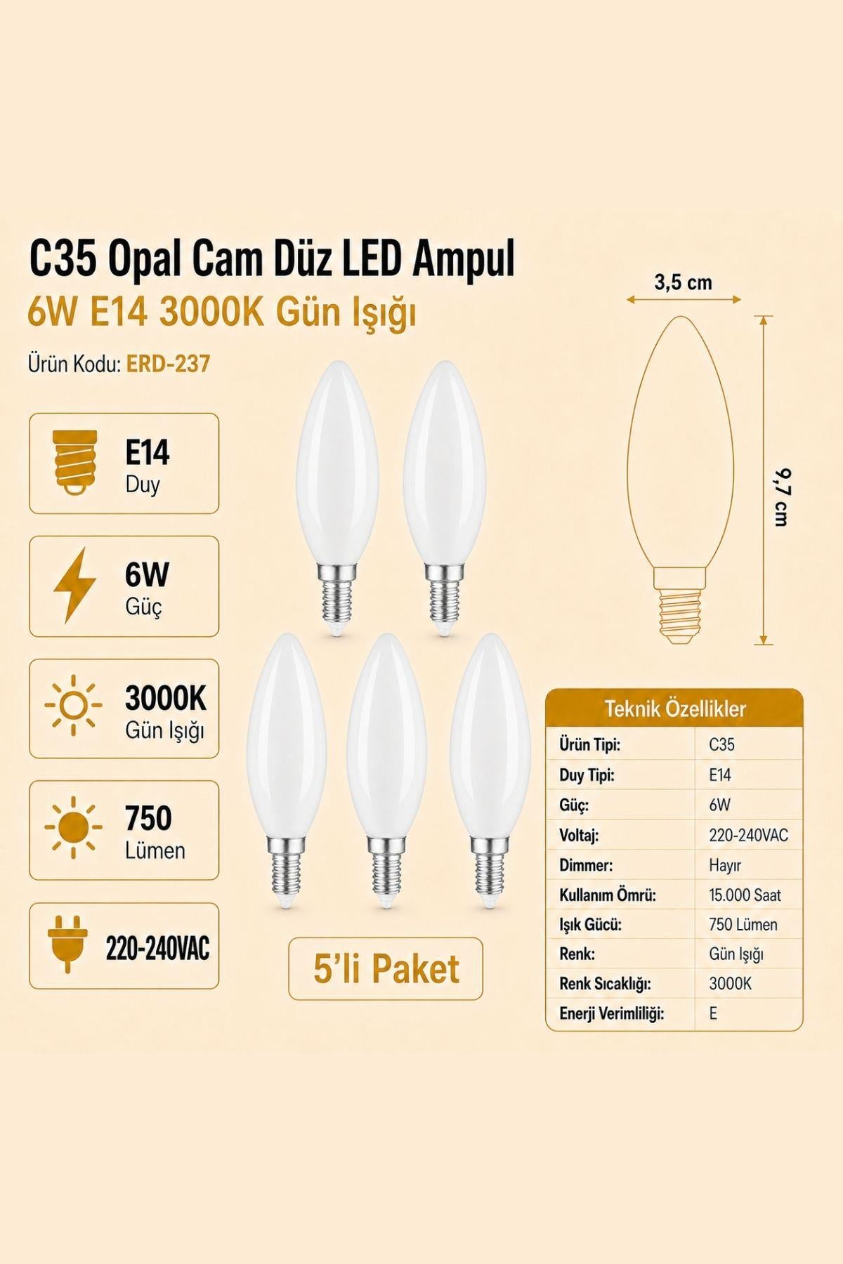 HEKA C35 Opal Cam Düz LED Ampul 6W E14 3000K Gün Işığı ERD-237 5'li
