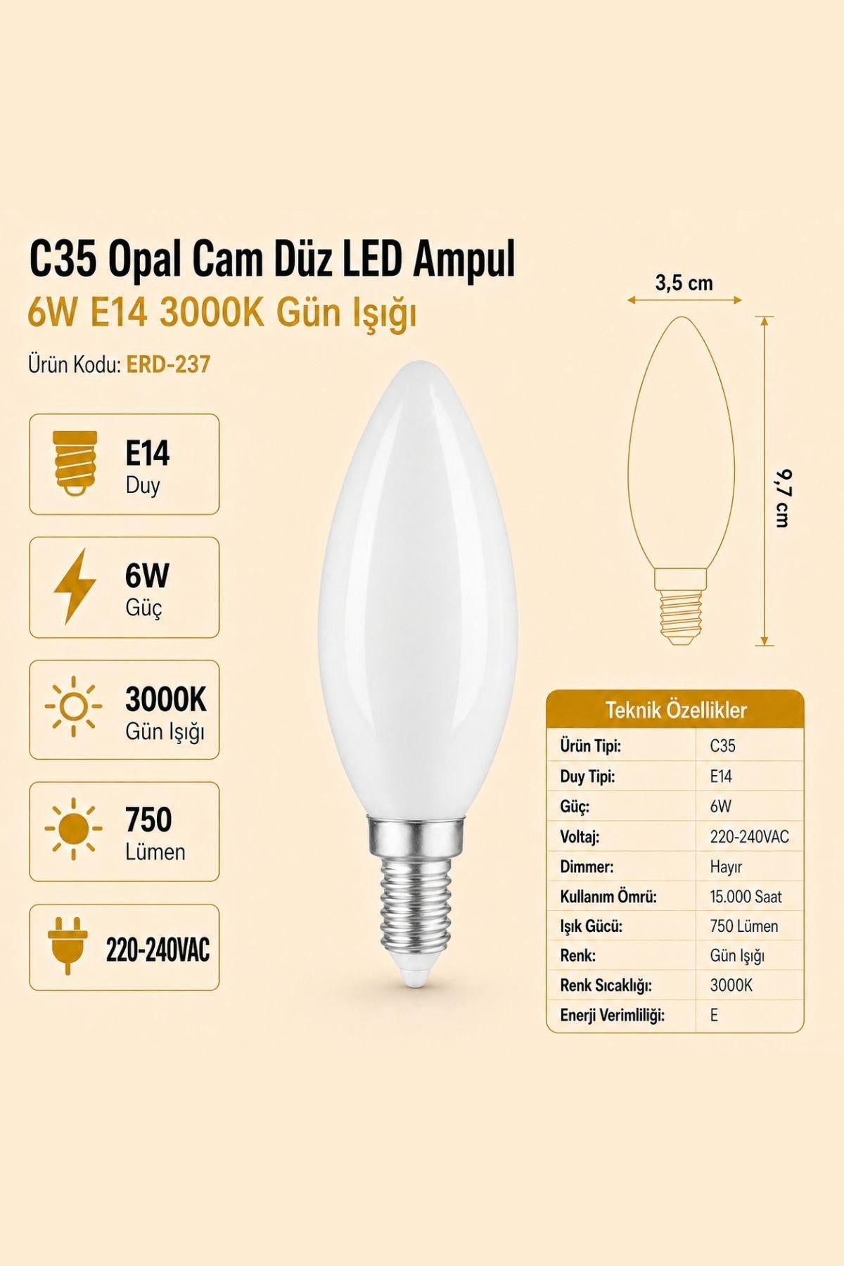 HEKA C35 Opal Cam Düz LED Ampul 6W E14 3000K Gün Işığı ERD-237