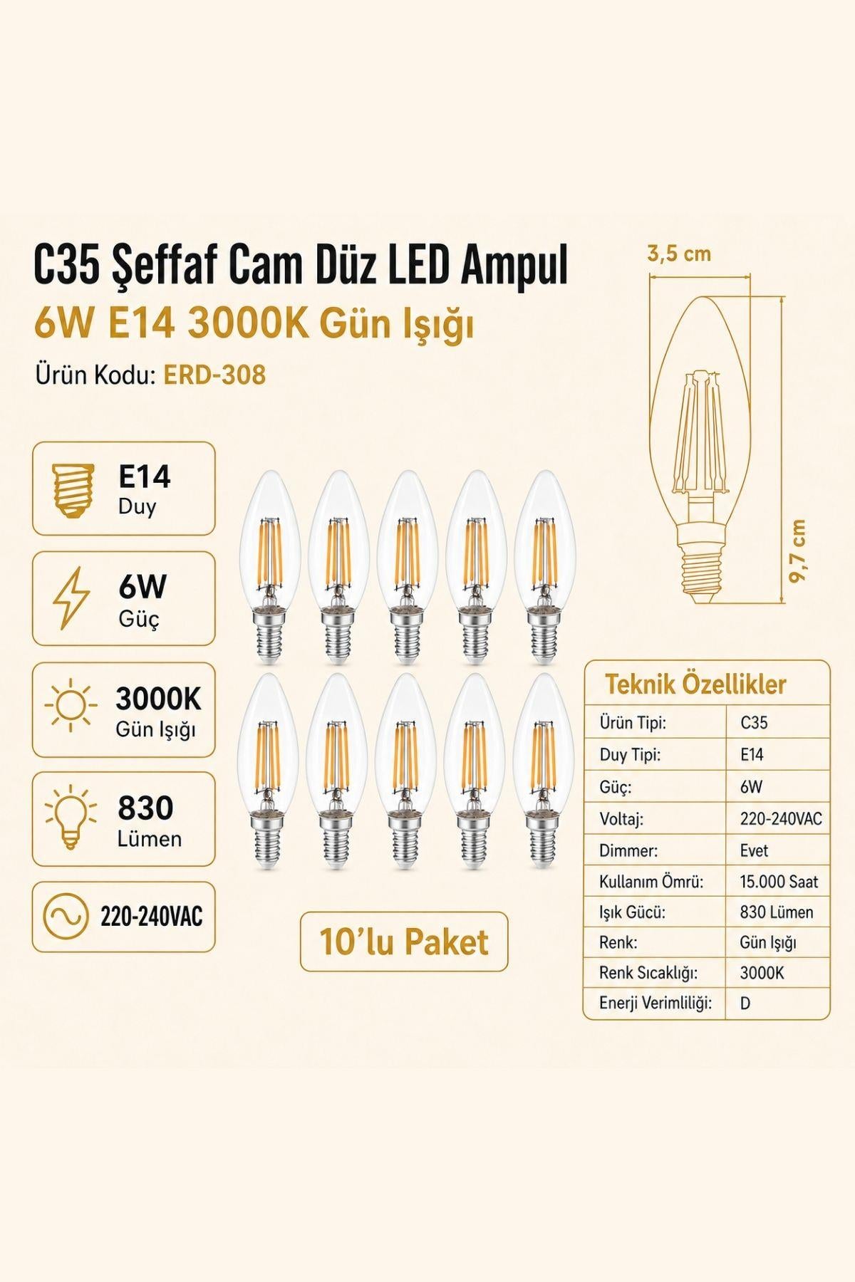 HEKA C35 Şeffaf Cam Düz LED Ampul 6W E14 3000K Gün Işığı ERD-308 10'lu