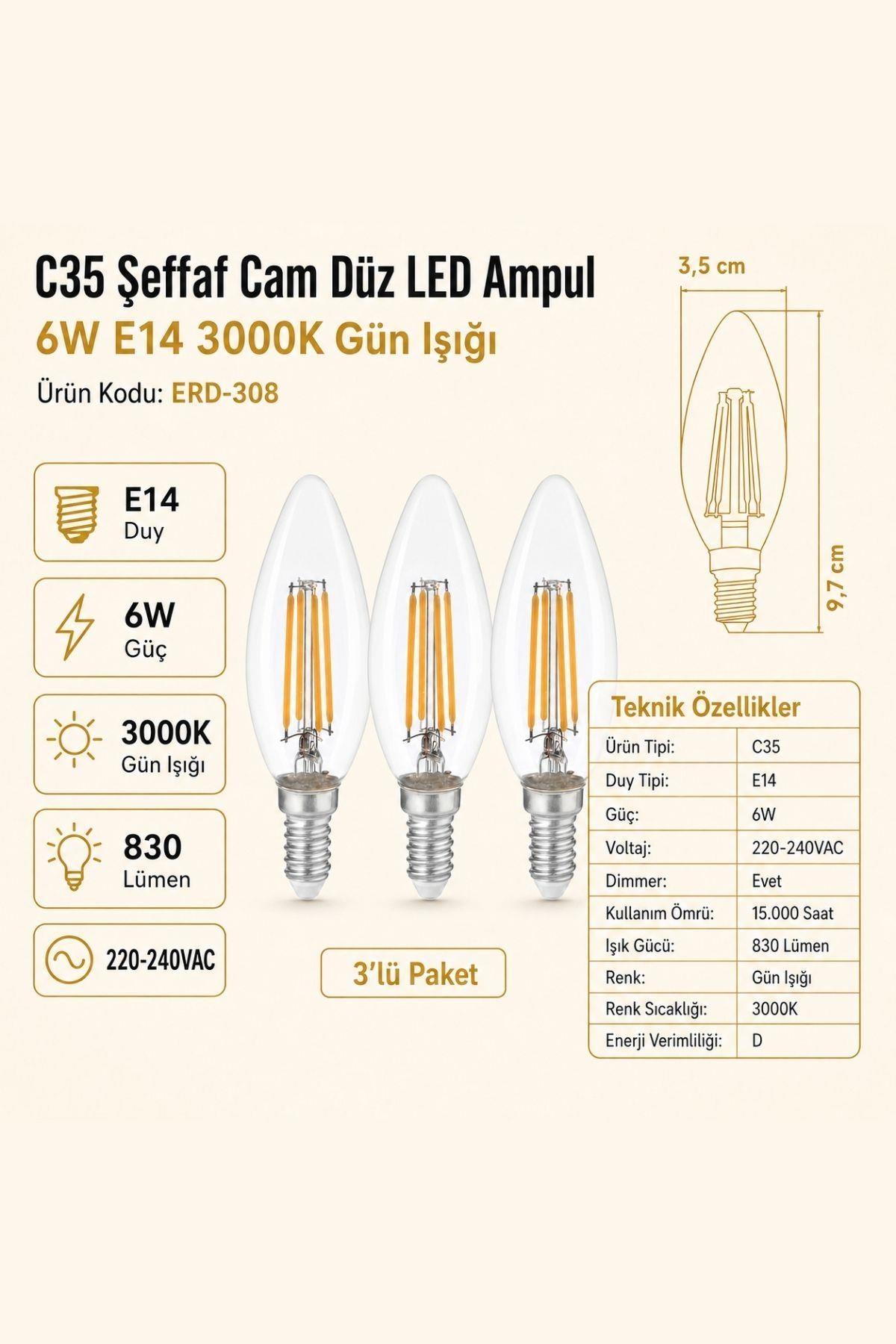 HEKA C35 Şeffaf Cam Düz LED Ampul 6W E14 3000K Gün Işığı ERD-308 3'lü