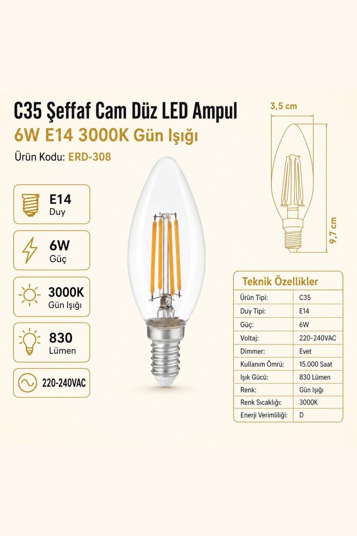 HEKA C35 Şeffaf Cam Düz LED Ampul 6W E14 3000K Gün Işığı ERD-308