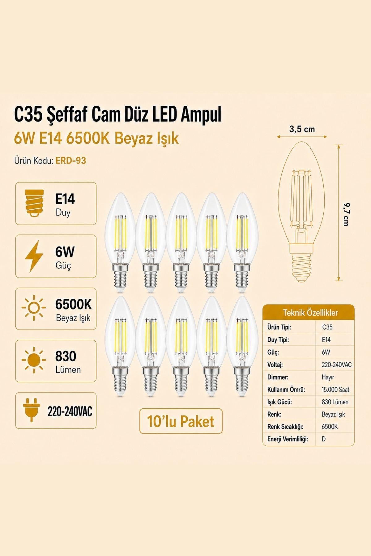 HEKA C35 Şeffaf Cam Düz LED Ampul 6W E14 6500K Beyaz Işık ERD-93 10'lu