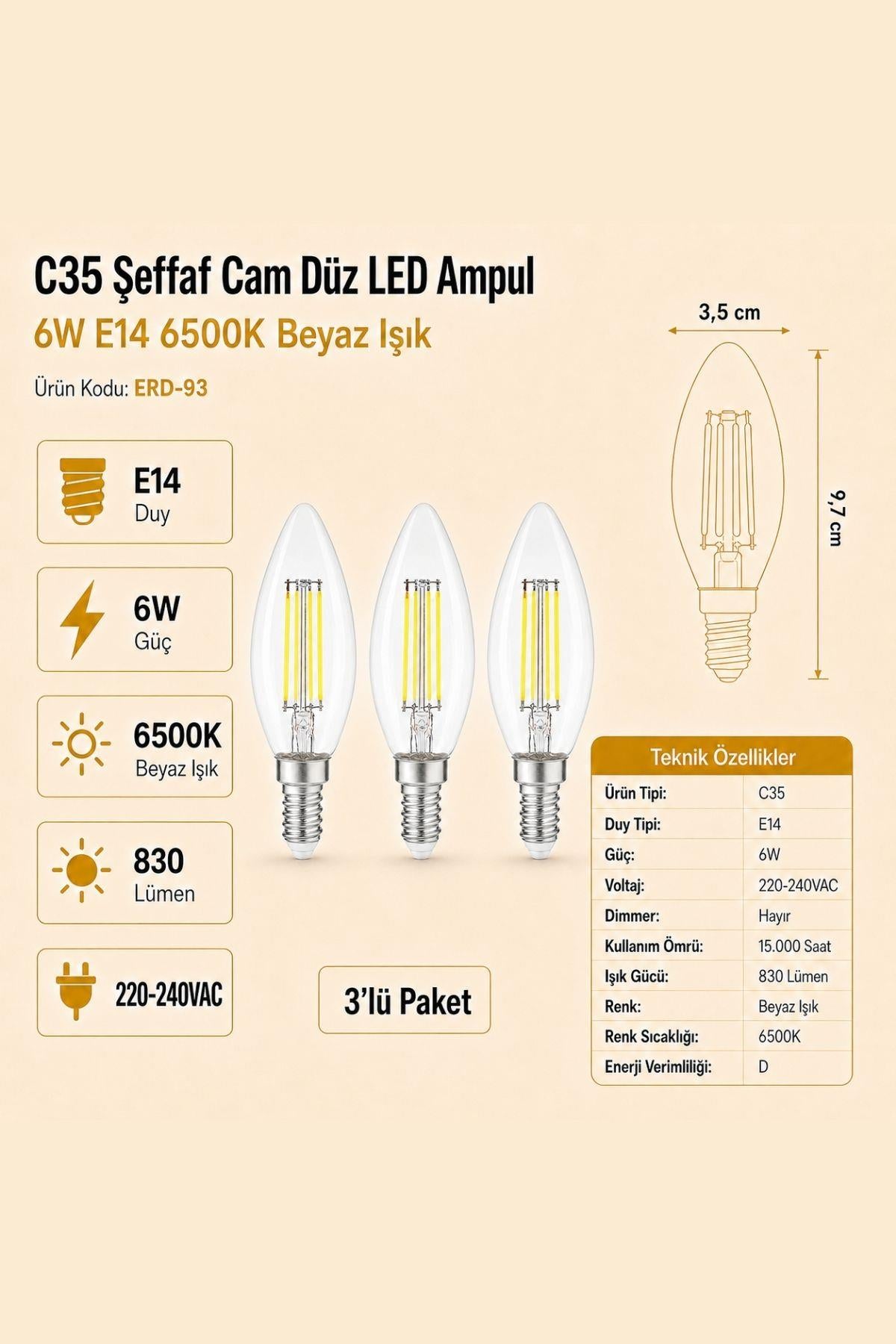 HEKA C35 Şeffaf Cam Düz LED Ampul 6W E14 6500K Beyaz Işık ERD-93 3'lü