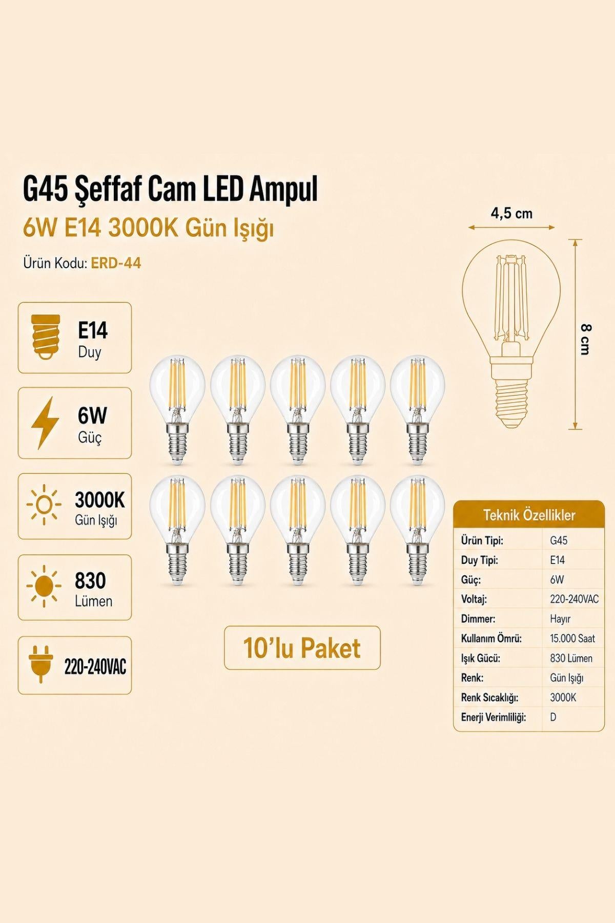 Heka E14 G45 Şeffaf Cam LED Ampul 6W 3000K Gün Işığı ERD-44 10'lu