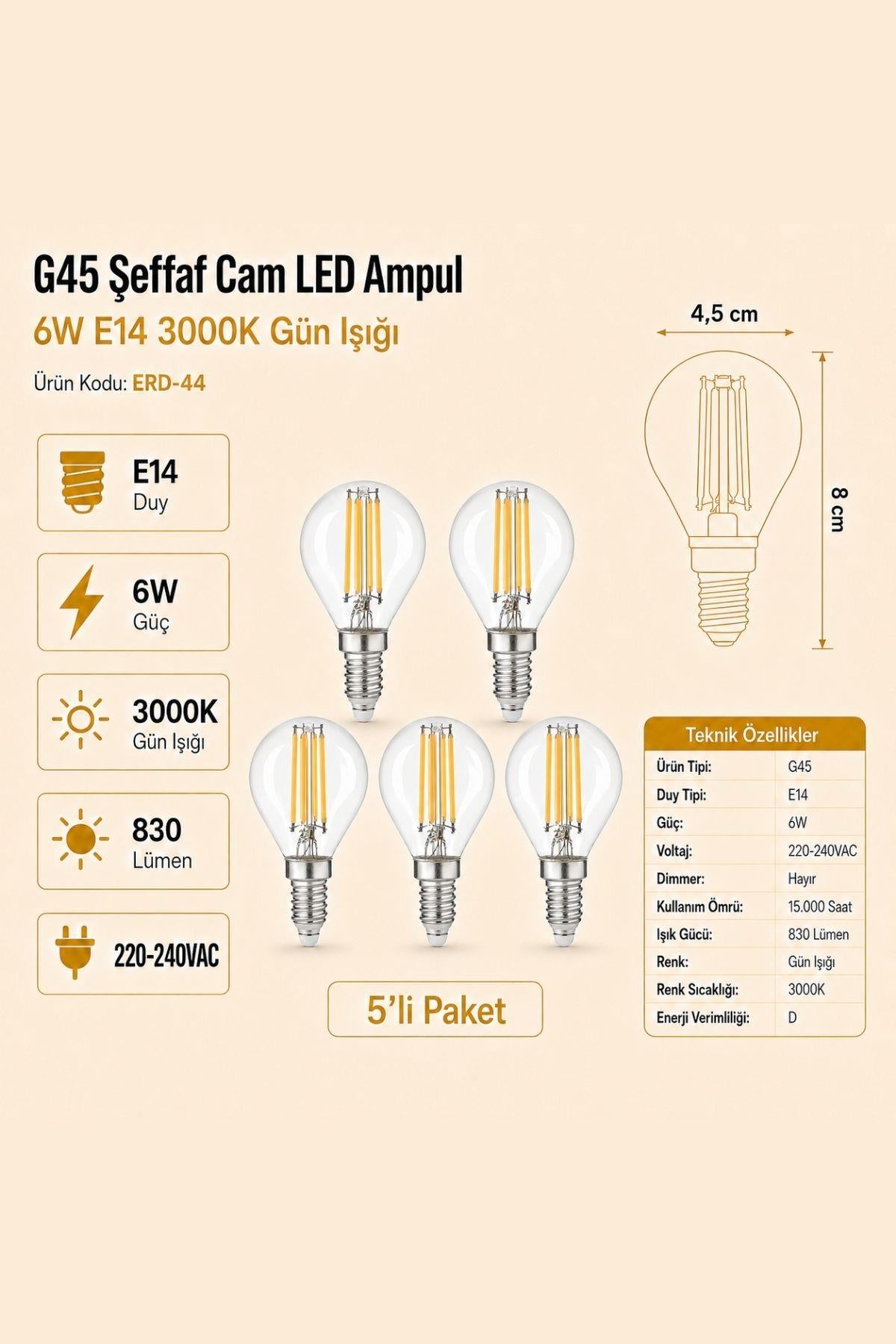 Heka E14 G45 Şeffaf Cam LED Ampul 6W 3000K Gün Işığı ERD-44 5'li