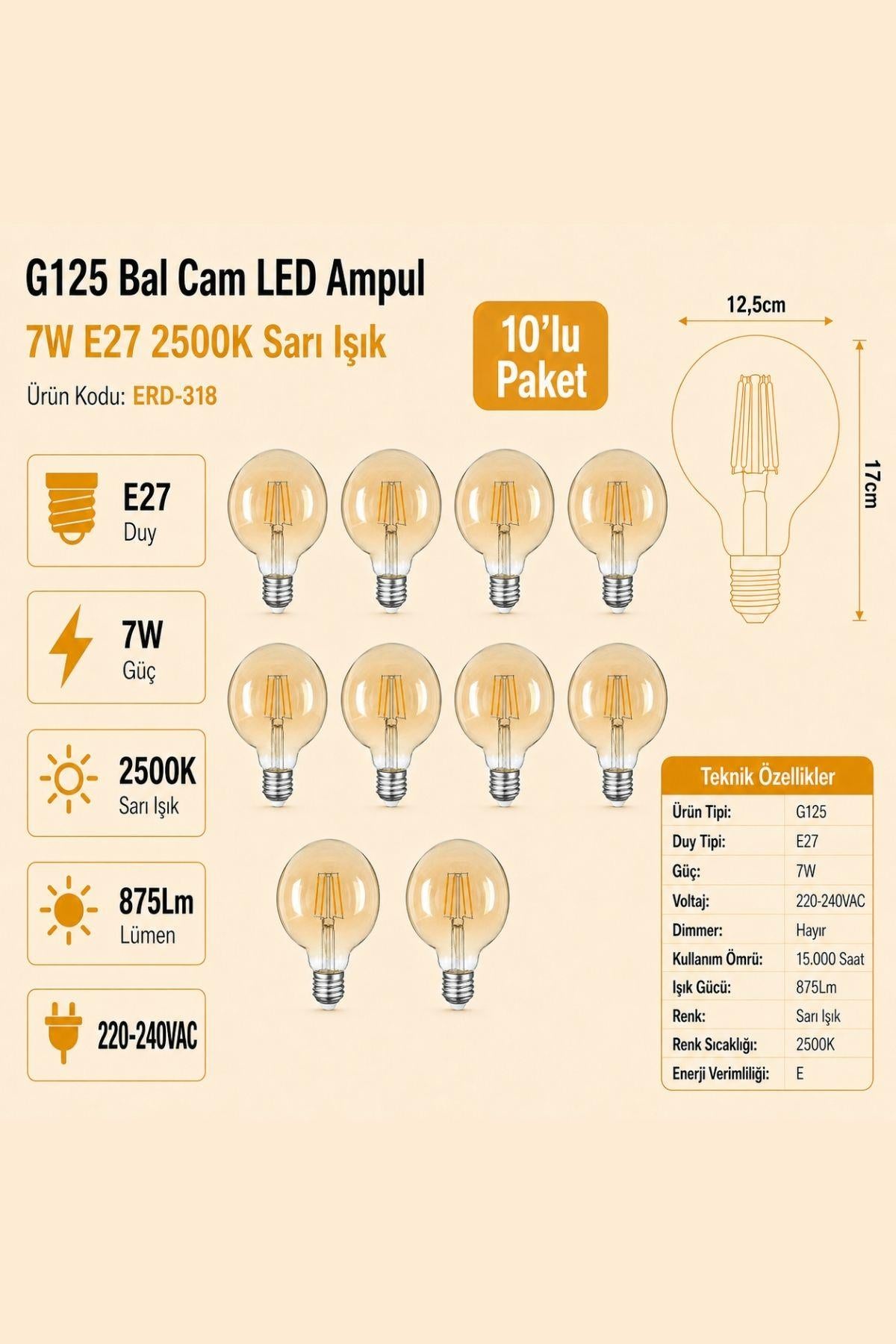 HEKA G125 Bal Cam LED Ampul 7W E27 2500K Sarı Işık ERD-318 10'lu
