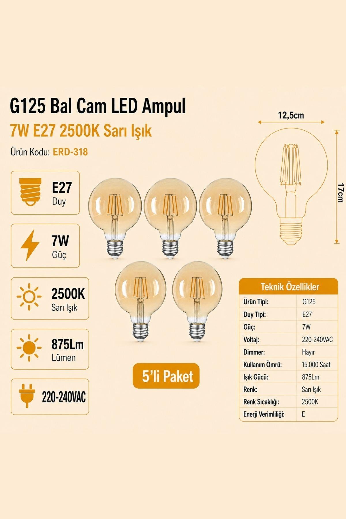 HEKA G125 Bal Cam LED Ampul 7W E27 2500K Sarı Işık ERD-318 5'li