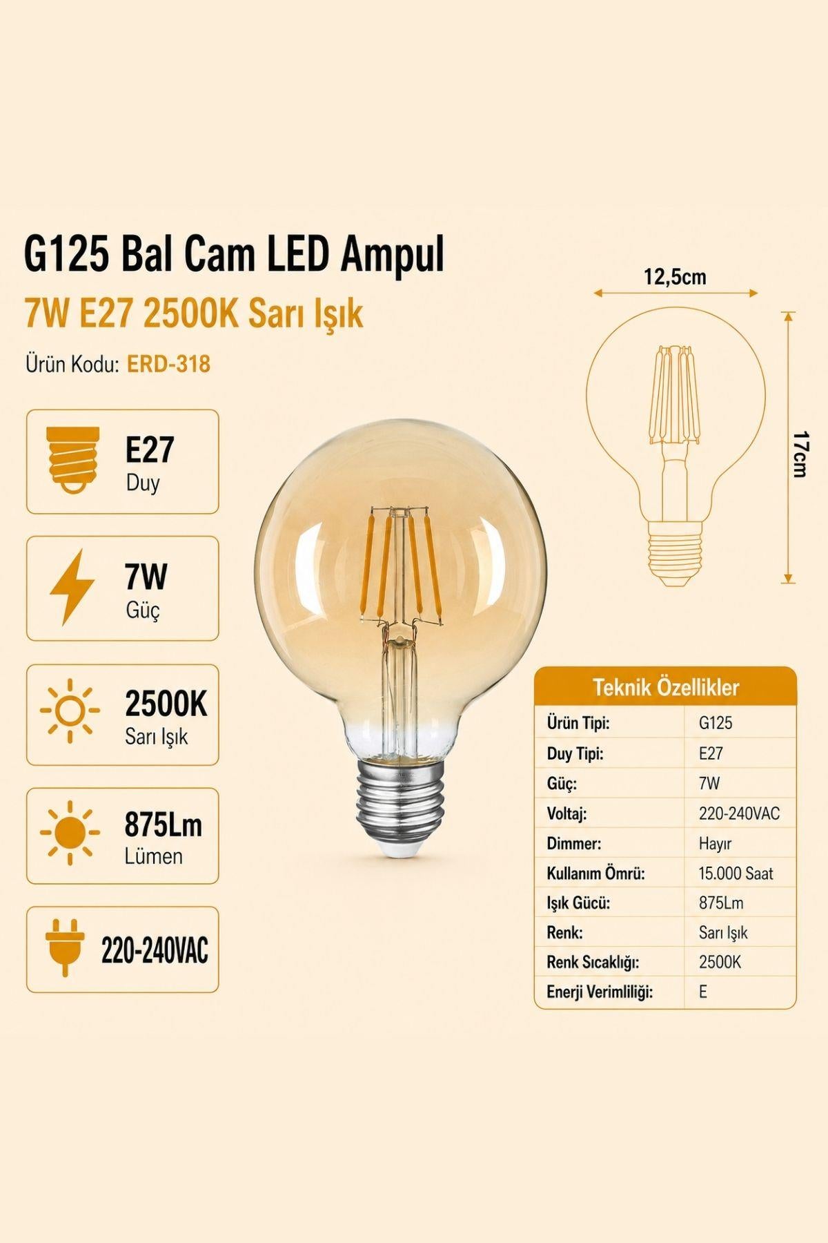 HEKA G125 Bal Cam LED Ampul 7W E27 2500K Sarı Işık ERD-318