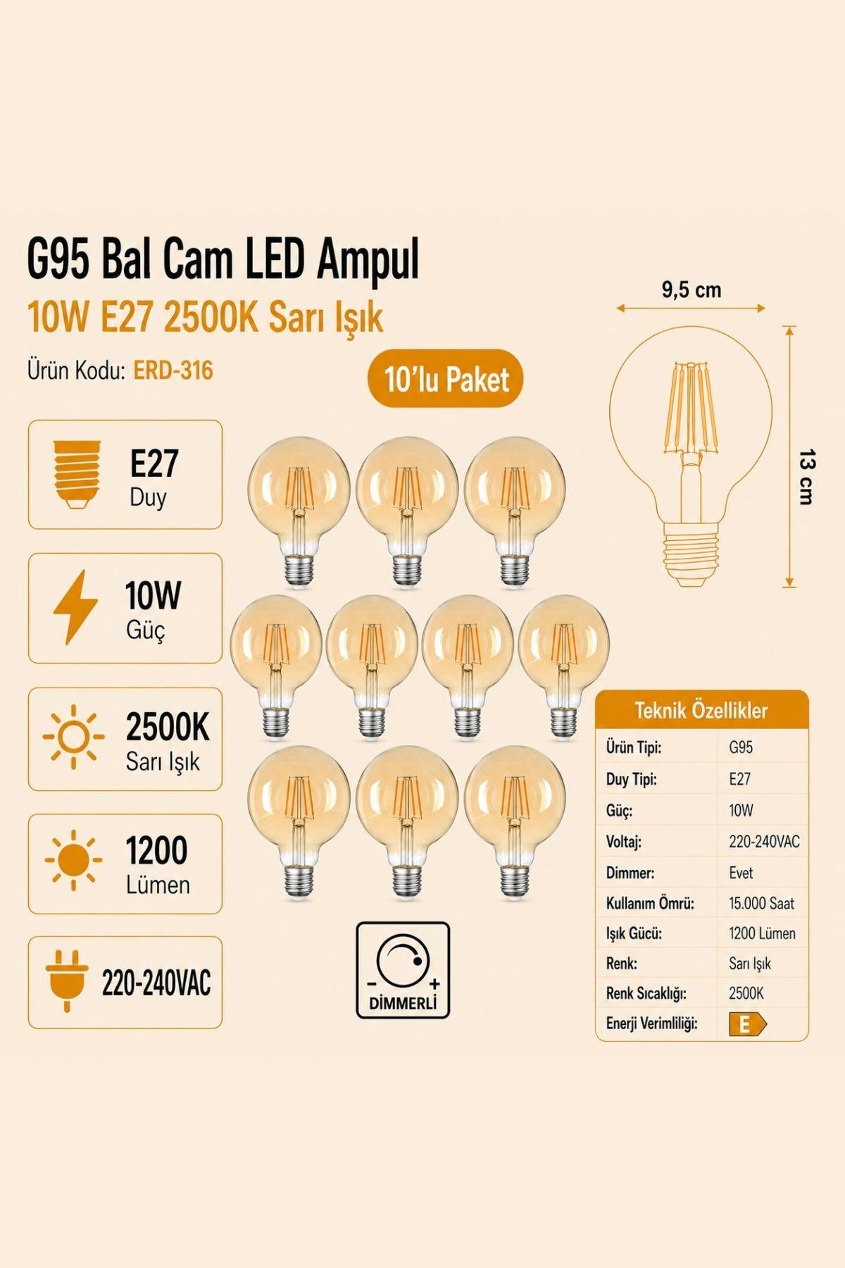 HEKA G95 Bal Cam LED Ampul 10W E27 2500K Sarı Işık ERD-316 10'lu