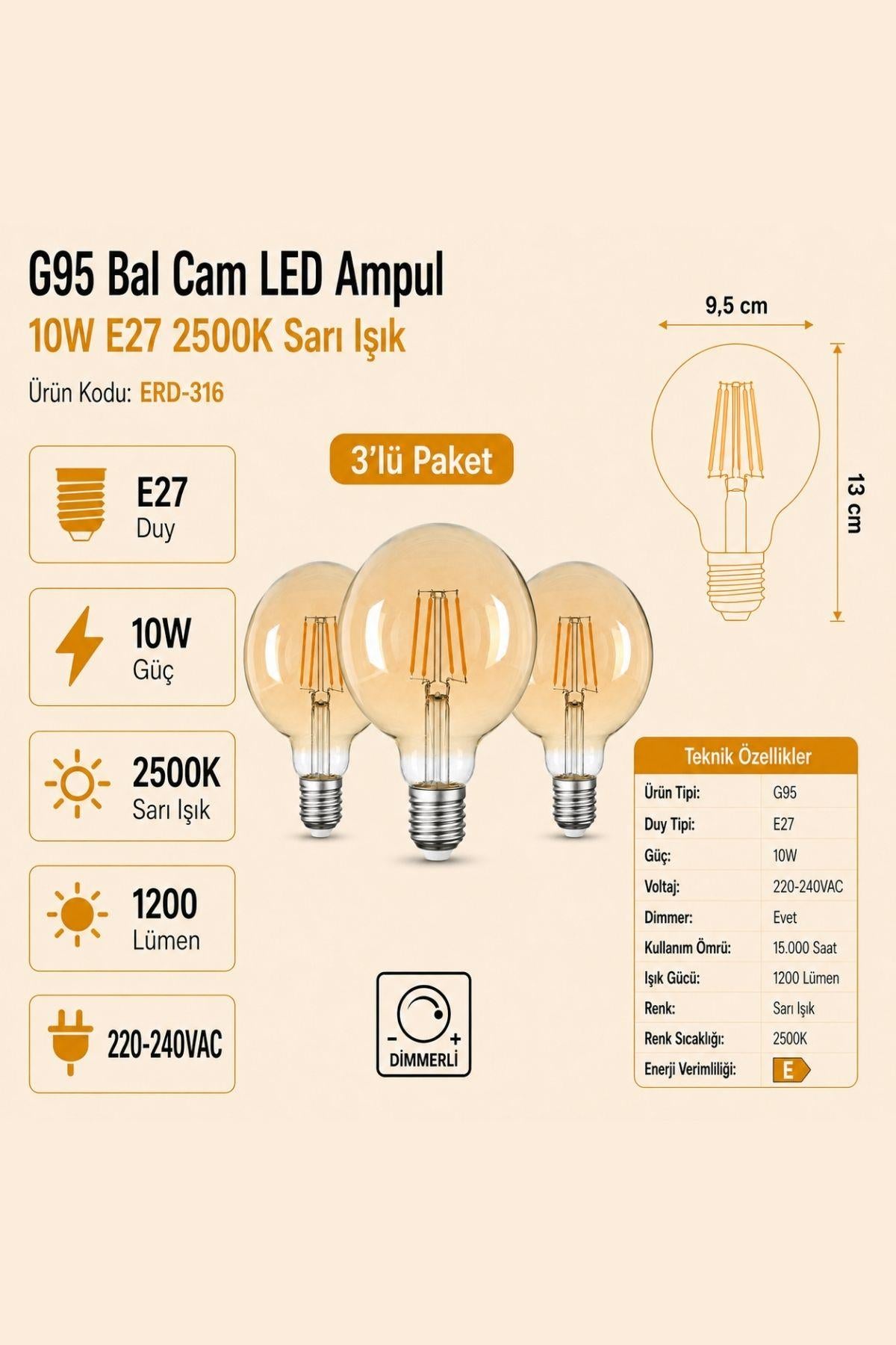HEKA G95 Bal Cam LED Ampul 10W E27 2500K Sarı Işık ERD-316 3'lü
