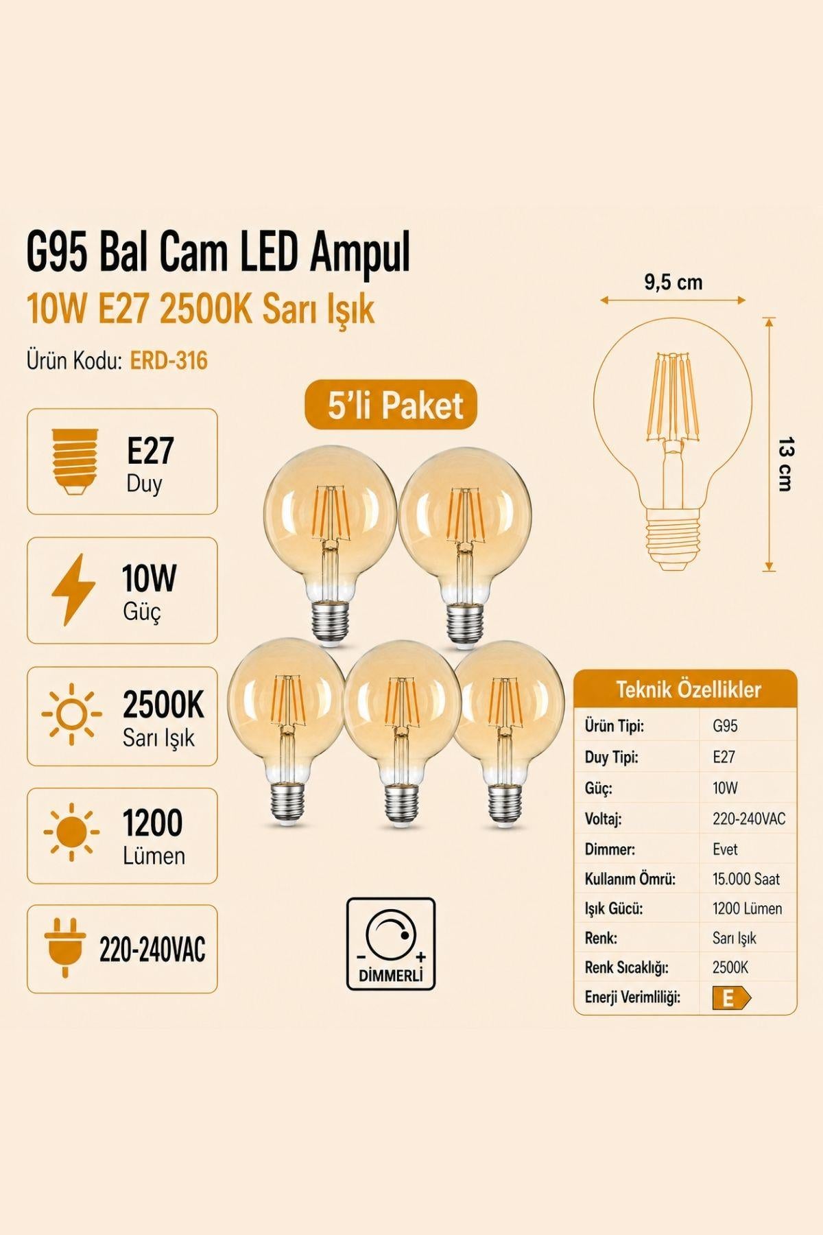 HEKA G95 Bal Cam LED Ampul 10W E27 2500K Sarı Işık ERD-316 5'li