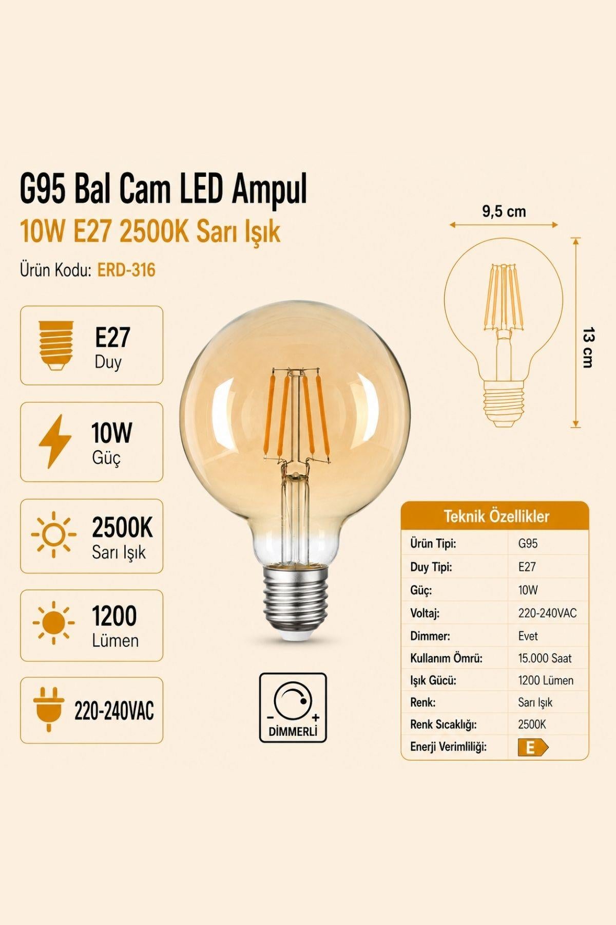 HEKA G95 Bal Cam LED Ampul 10W E27 2500K Sarı Işık ERD-316