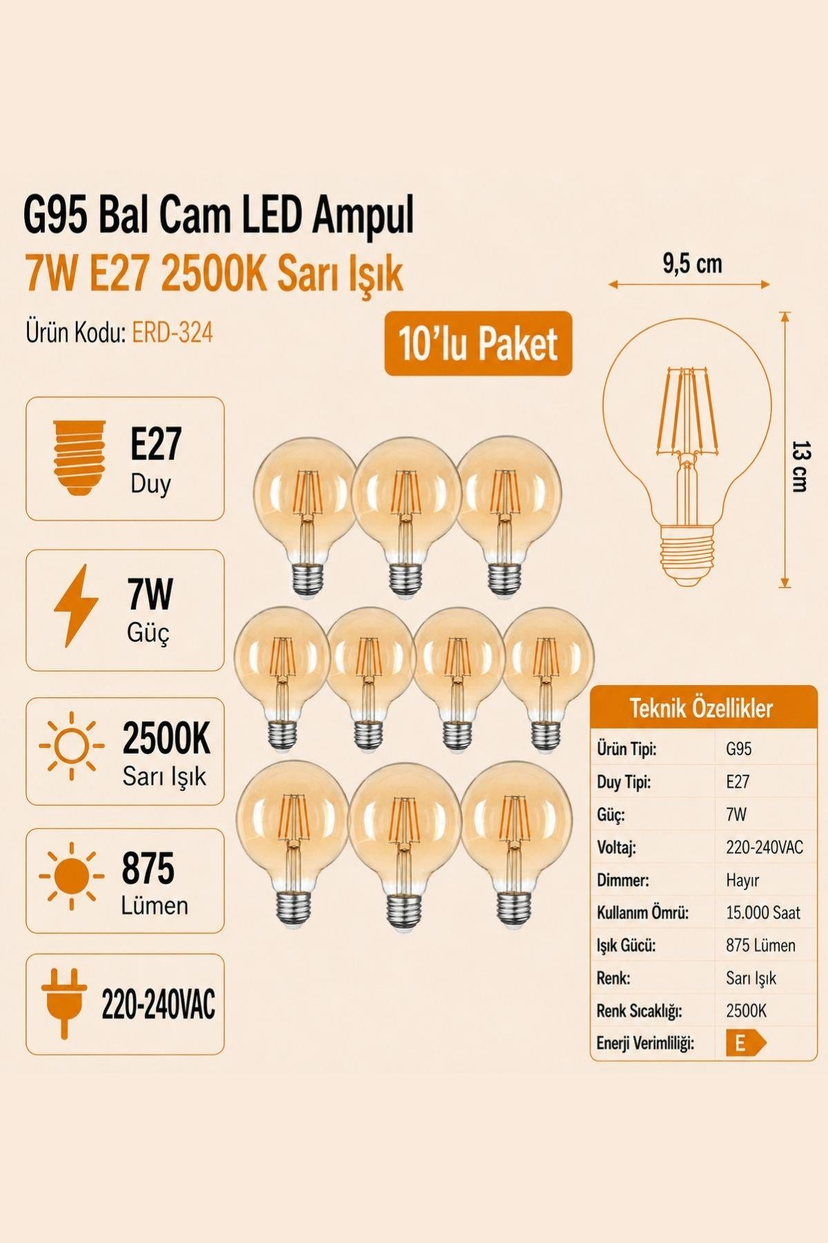 HEKA G95 Bal Cam LED Ampul 7W E27 2500K Sarı Işık ERD-324 10'lu
