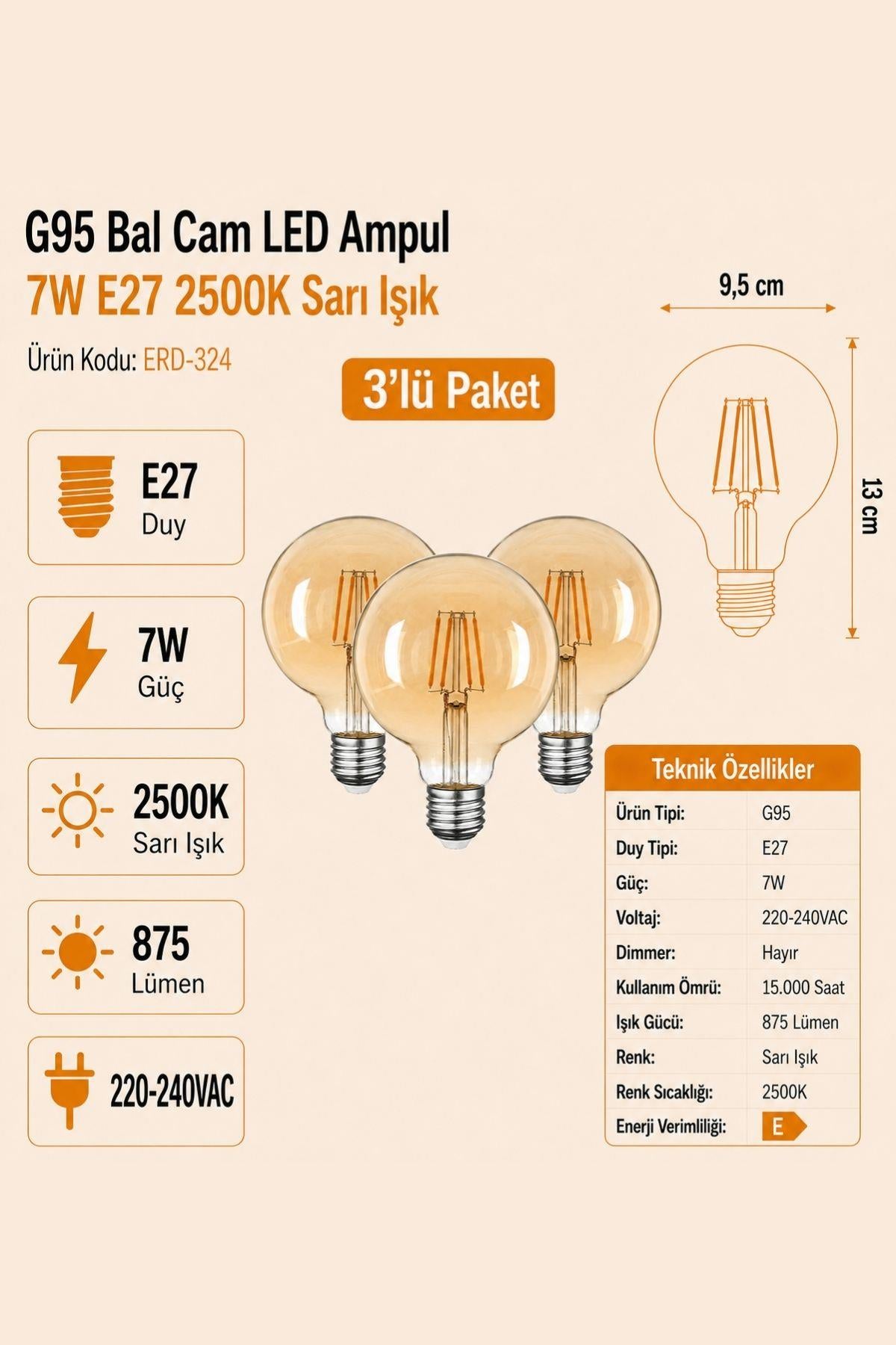 HEKA G95 Bal Cam LED Ampul 7W E27 2500K Sarı Işık ERD-324 3'lü