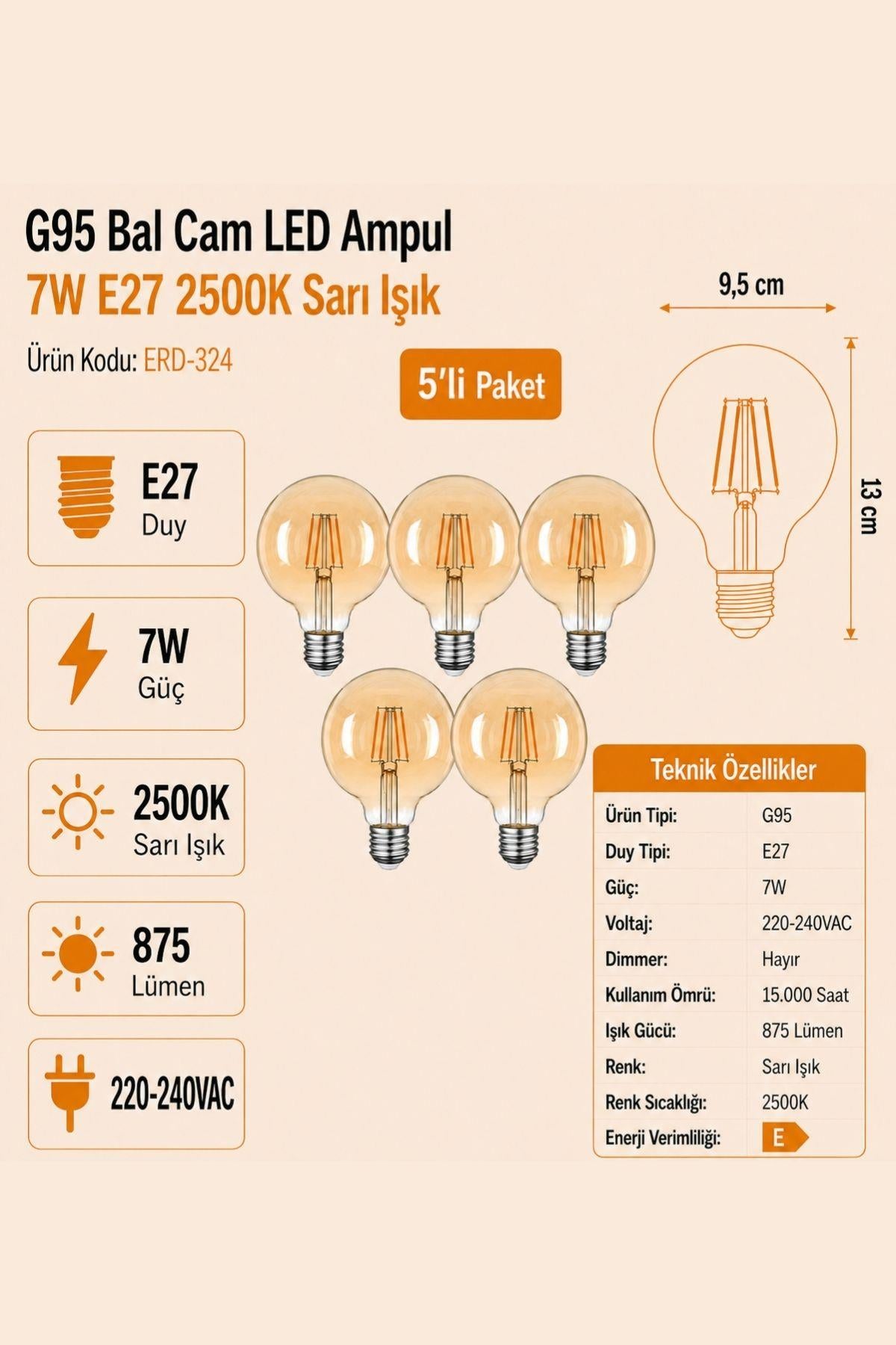 HEKA G95 Bal Cam LED Ampul 7W E27 2500K Sarı Işık ERD-324 5'li