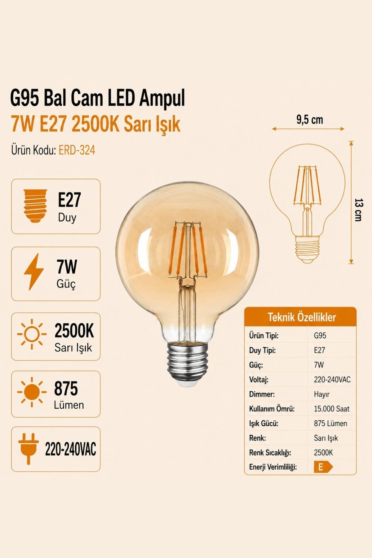 HEKA G95 Bal Cam LED Ampul 7W E27 2500K Sarı Işık ERD-324