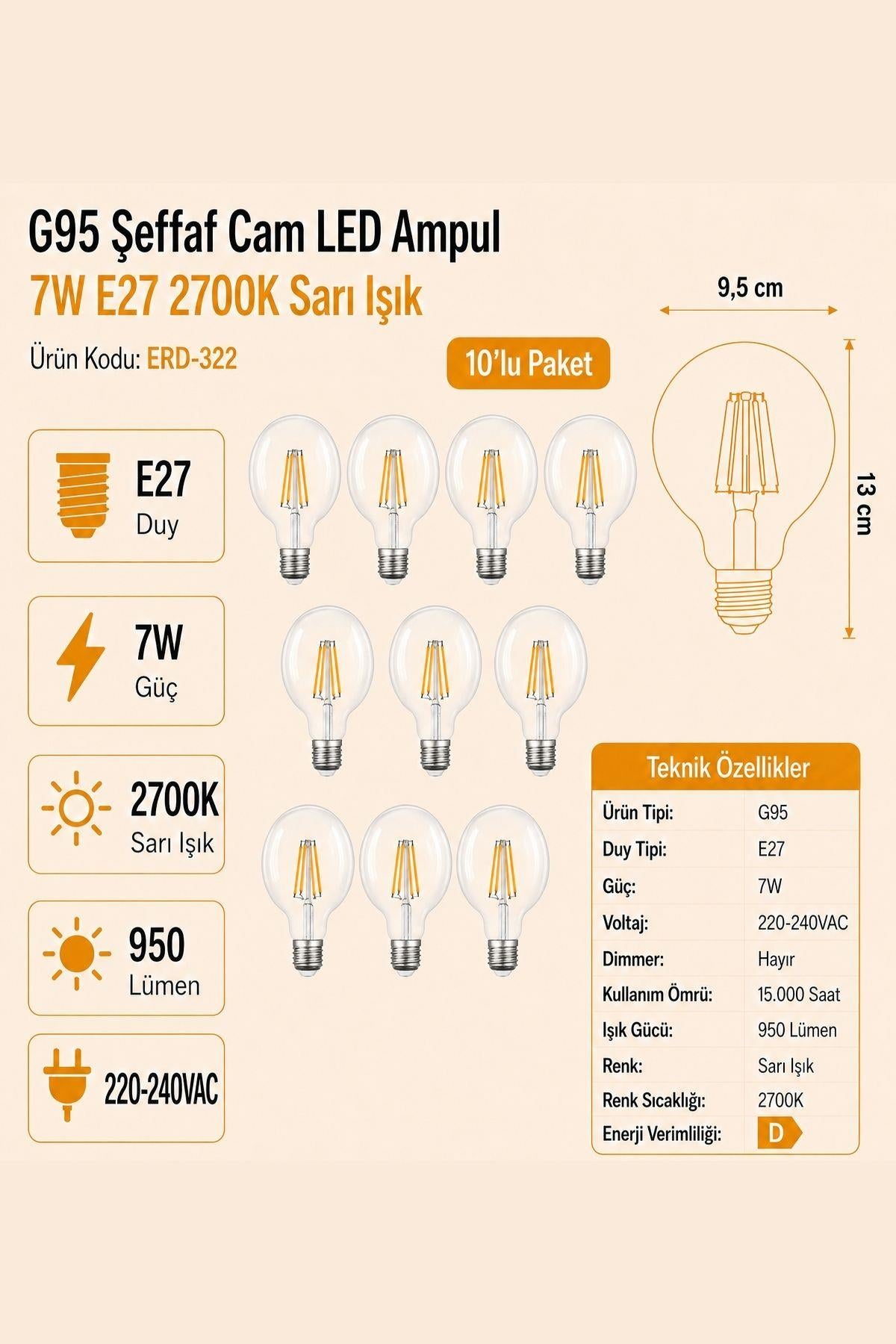 HEKA G95 Şeffaf Cam LED Ampul 7W E27 2700K Sarı Işık ERD-322 10'lu