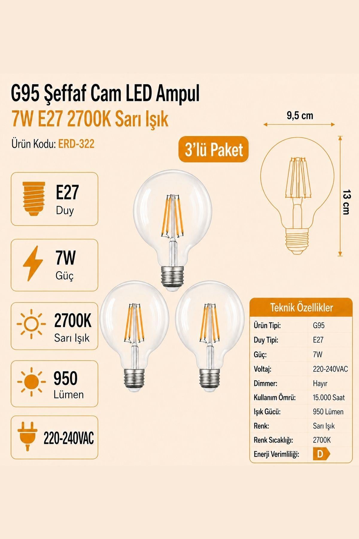 HEKA G95 Şeffaf Cam LED Ampul 7W E27 2700K Sarı Işık ERD-322 3'lü
