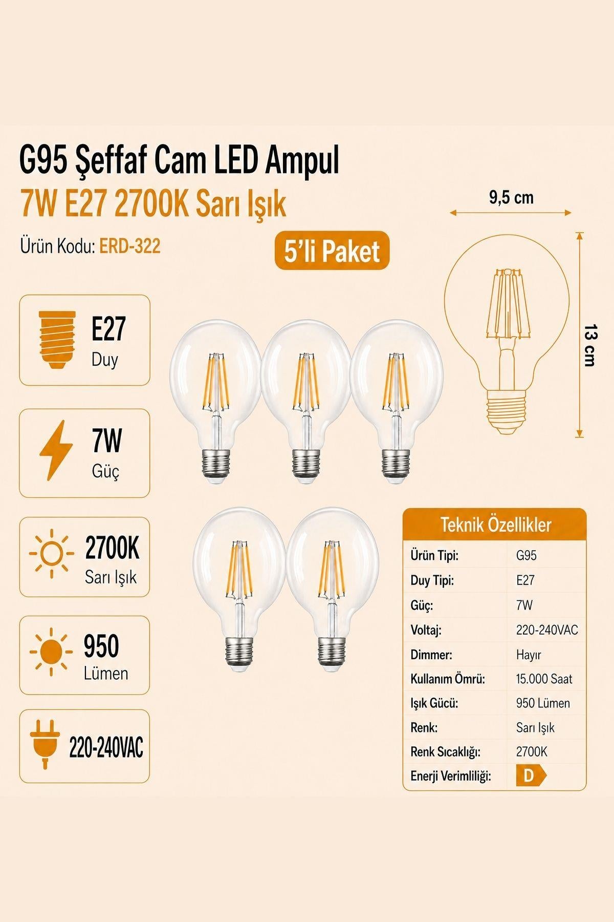 HEKA G95 Şeffaf Cam LED Ampul 7W E27 2700K Sarı Işık ERD-322 5'li