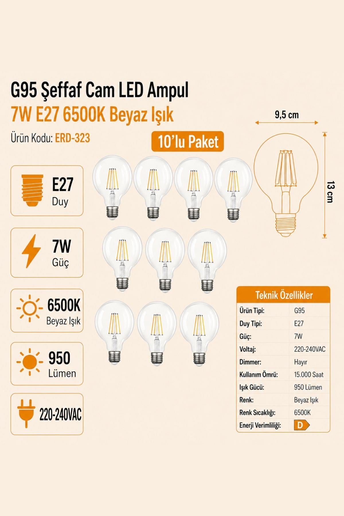 HEKA G95 Şeffaf Cam LED Ampul 7W E27 6500K Beyaz Işık ERD-323 10'lu