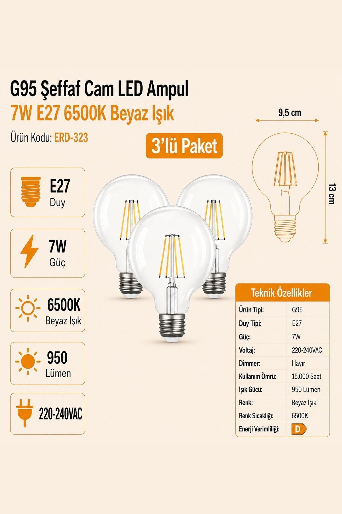 HEKA G95 Şeffaf Cam LED Ampul 7W E27 6500K Beyaz Işık ERD-323 3'lü