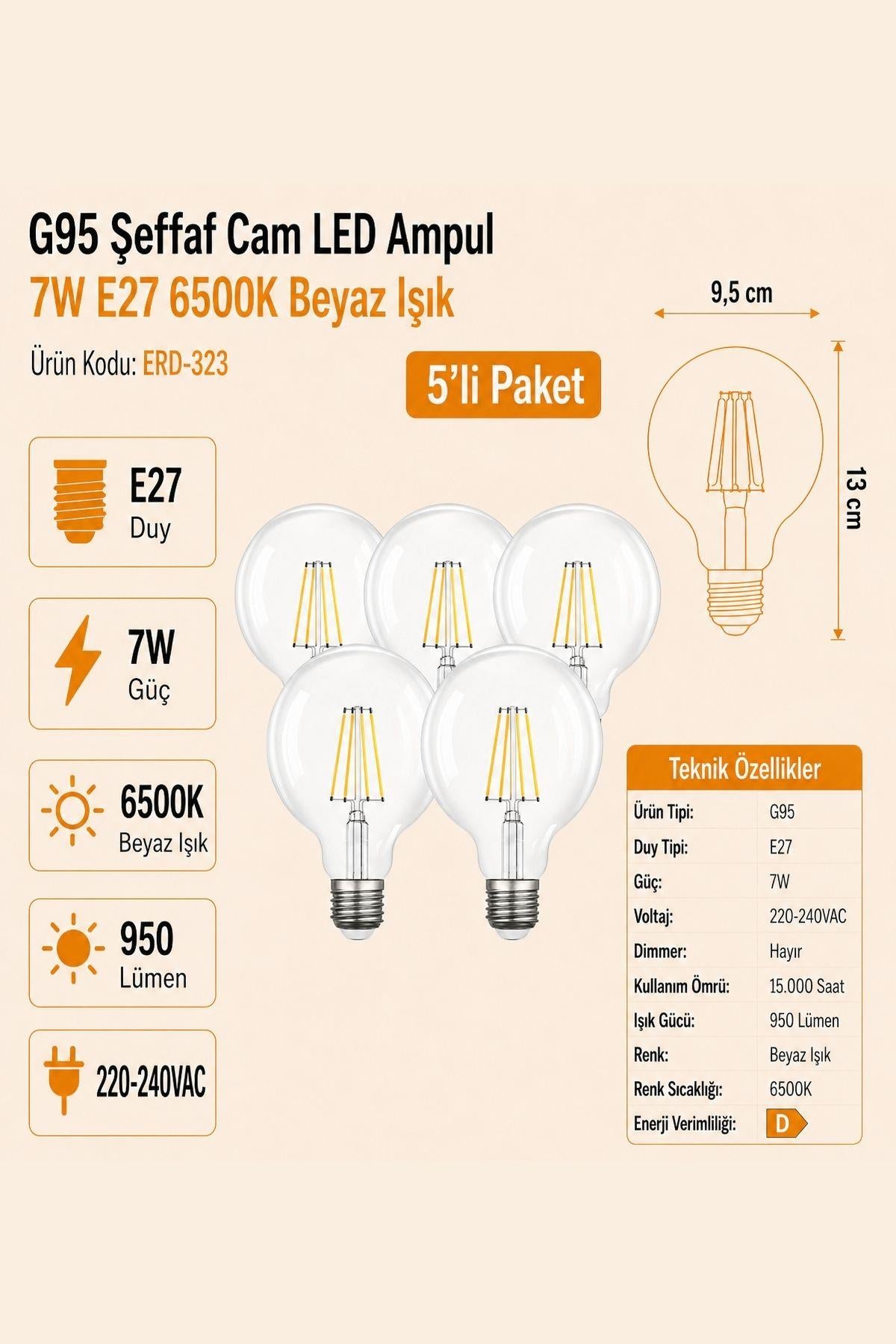 HEKA G95 Şeffaf Cam LED Ampul 7W E27 6500K Beyaz Işık ERD-323 5'li