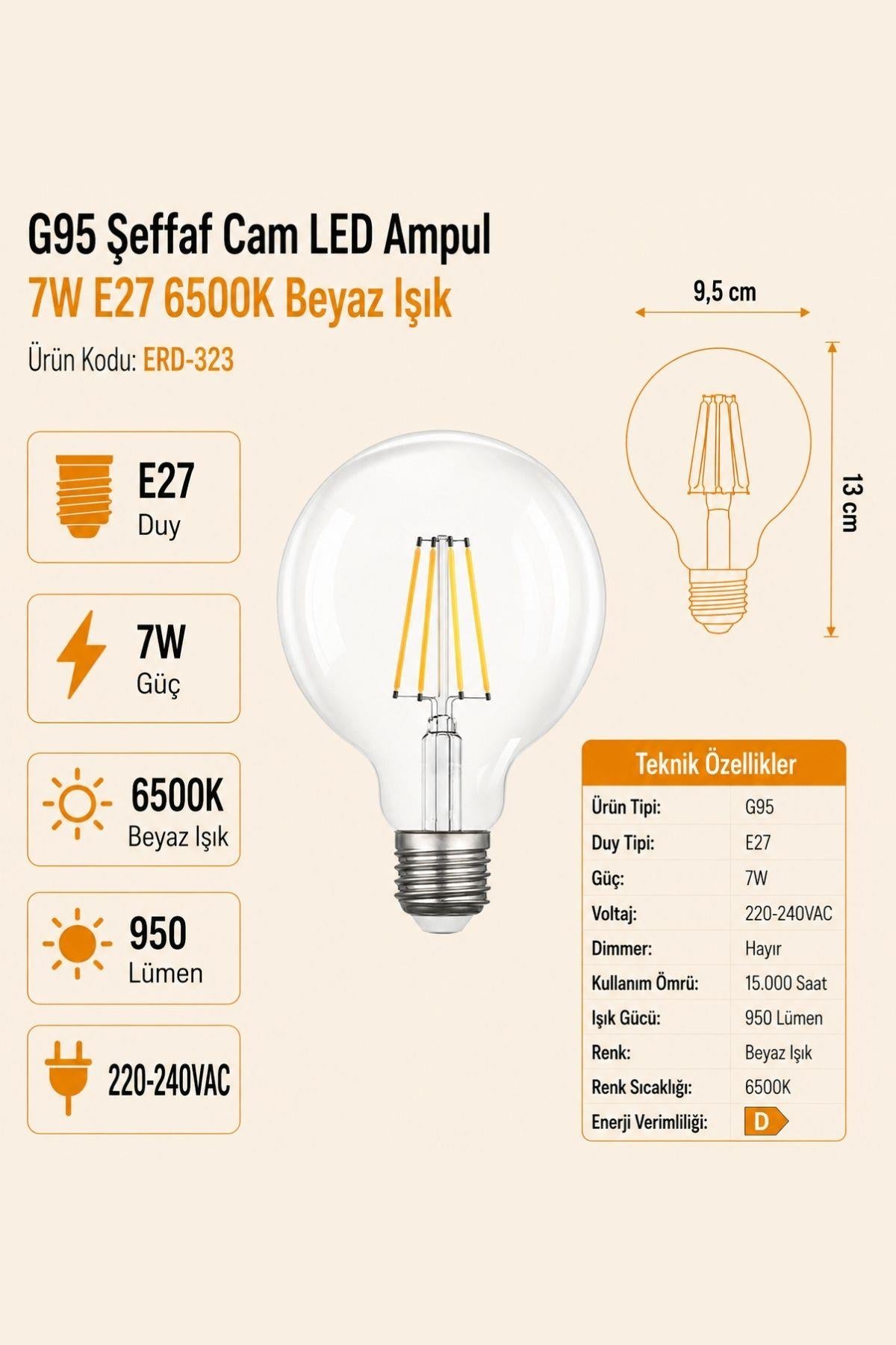 HEKA G95 Şeffaf Cam LED Ampul 7W E27 6500K Beyaz Işık ERD-323