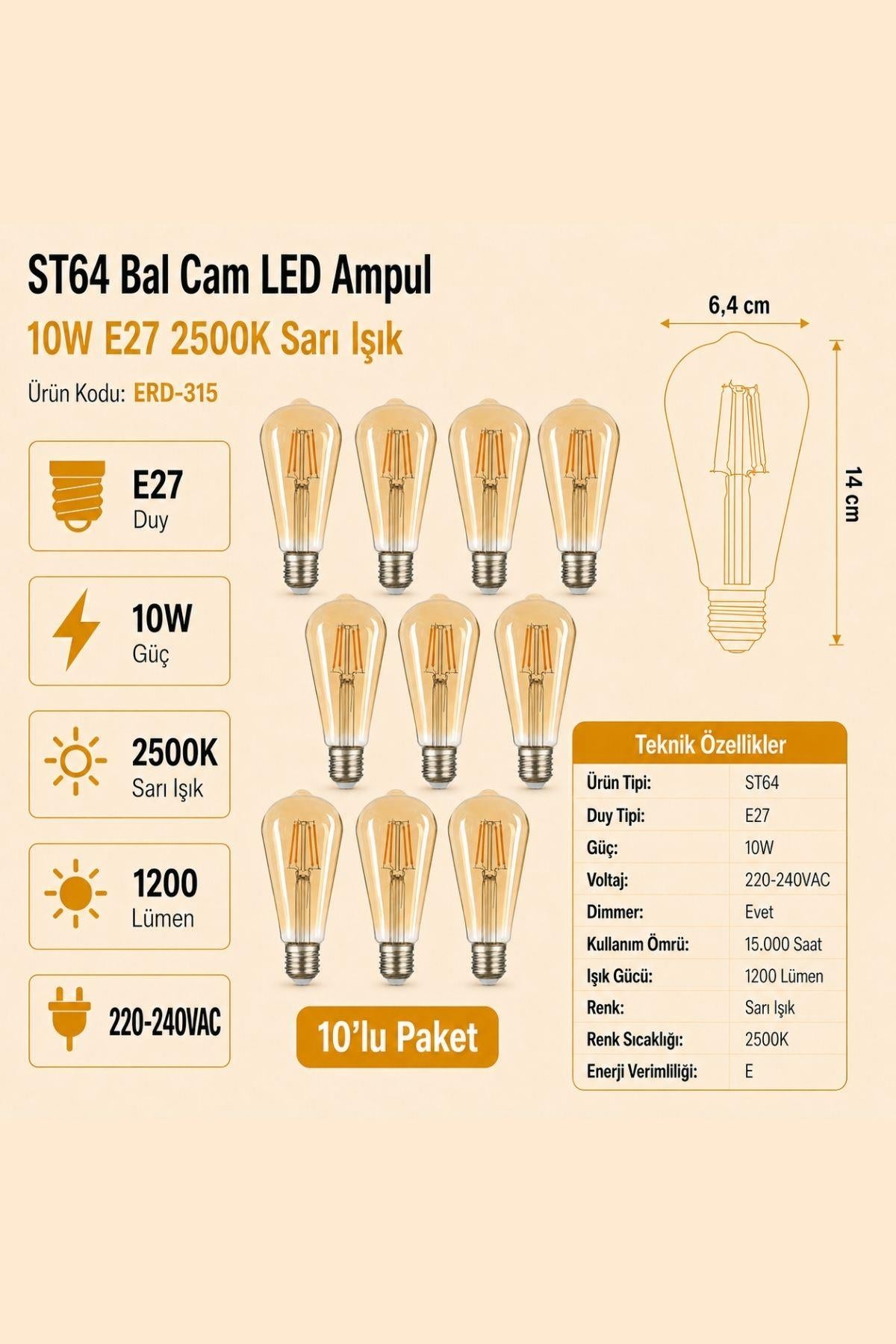 HEKA ST64 Bal Cam LED Ampul 10W E27 2500K Sarı Işık ERD-315 10'lu