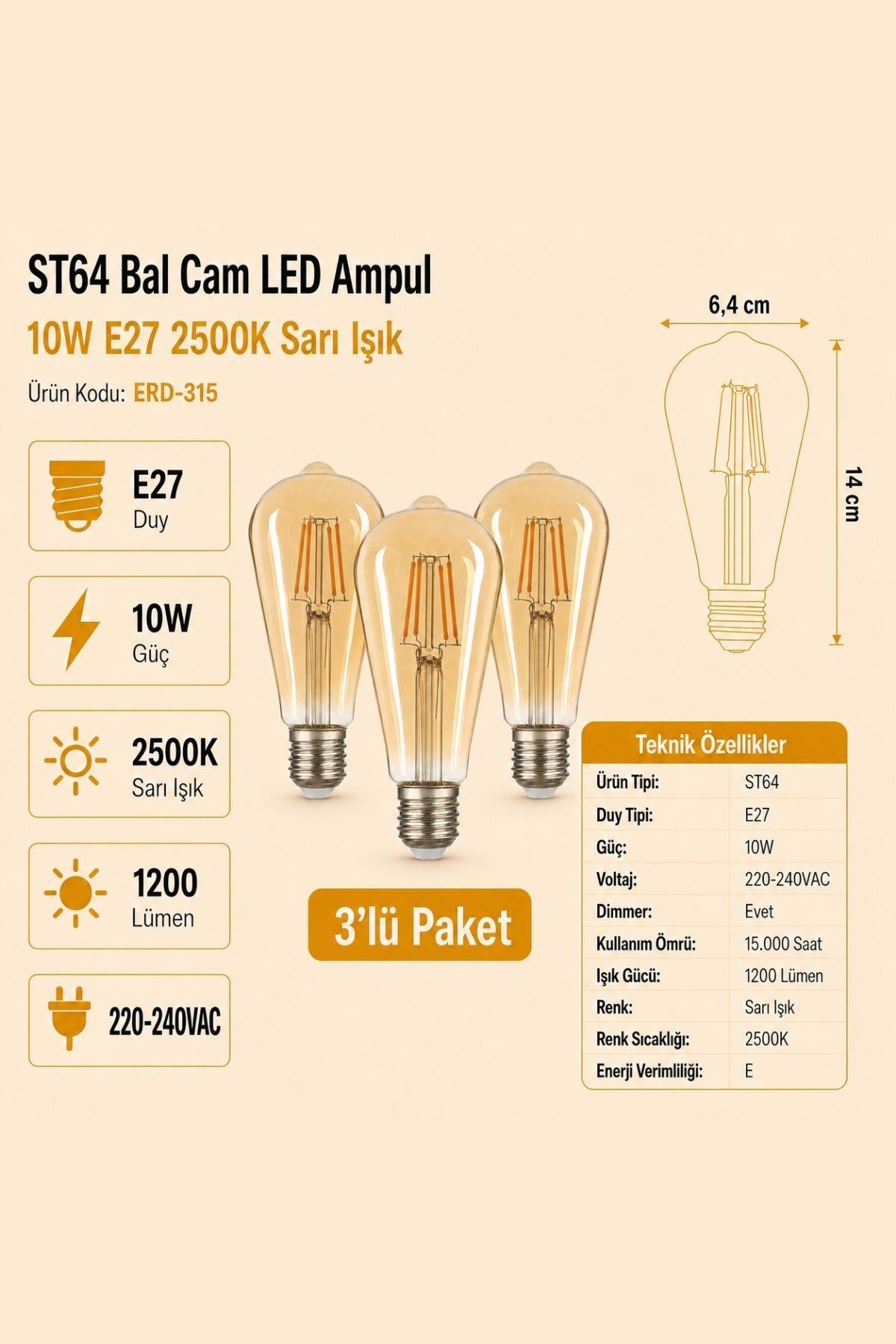 HEKA ST64 Bal Cam LED Ampul 10W E27 2500K Sarı Işık ERD-315 3'lü
