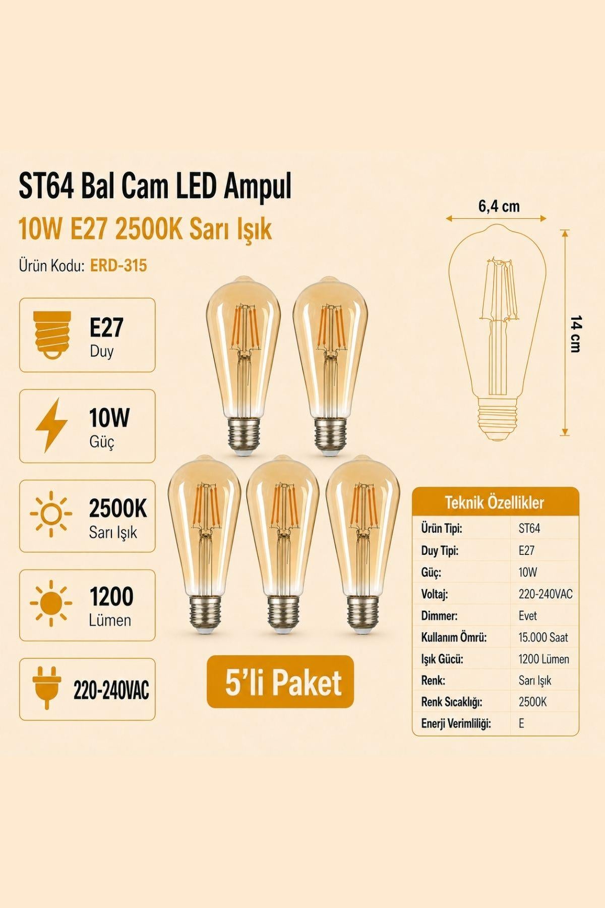 HEKA ST64 Bal Cam LED Ampul 10W E27 2500K Sarı Işık ERD-315 5'li
