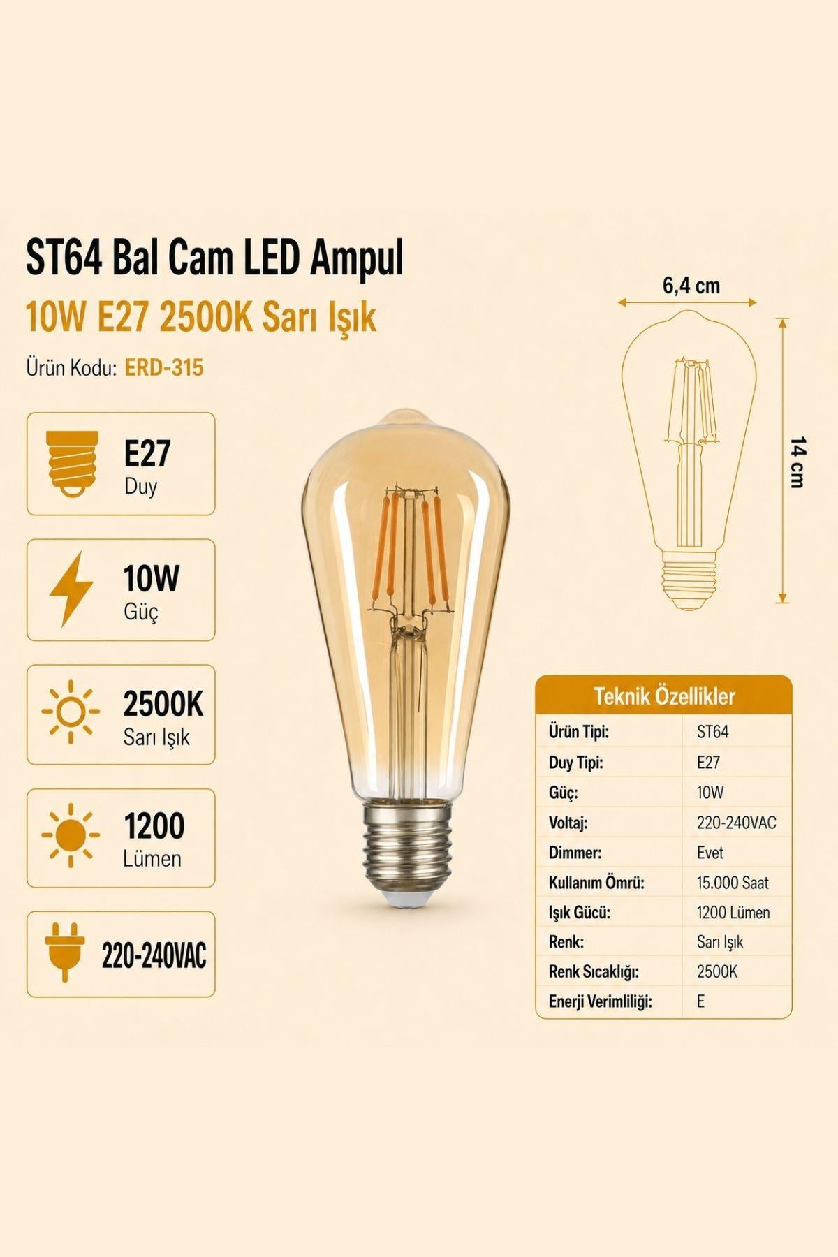 HEKA ST64 Bal Cam LED Ampul 10W E27 2500K Sarı Işık ERD-315